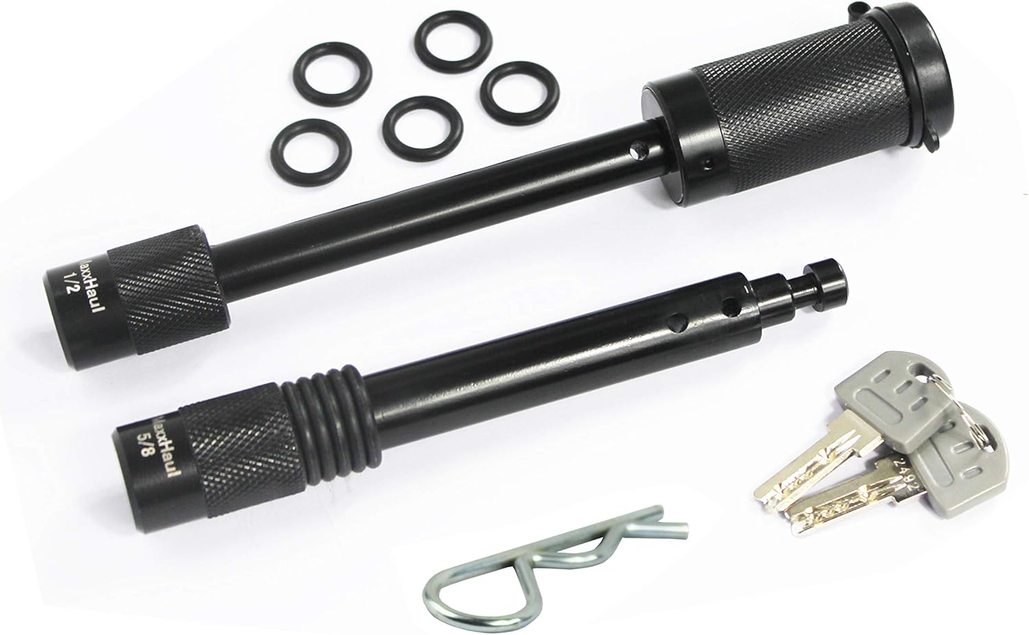 Maxxhaul 50151 Trailer Hitch Lock Pin Set 5/8 and 1/2 Inch with Locking System Anti-Rattle for 1-1/4" and 2" Class I,II,III,IV,V Hitches - Black Finish - Black Electro Paint image number 2