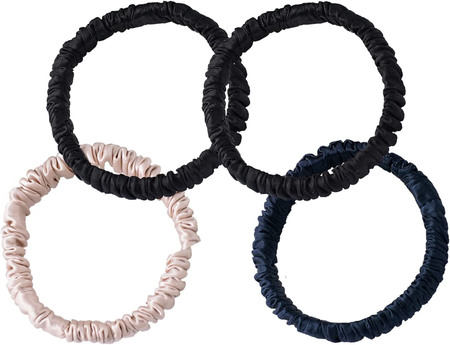 Silk Scrunchie, 100% Pure Mulberry Silk Scrunchie Small Slim Hair Tie for Women Silk Scrunchies for Thin Thick Curly Hair Luxurious Elastic Scrunchies Set (4 Scrunchies, 2Black+1Coffee+1Beige)