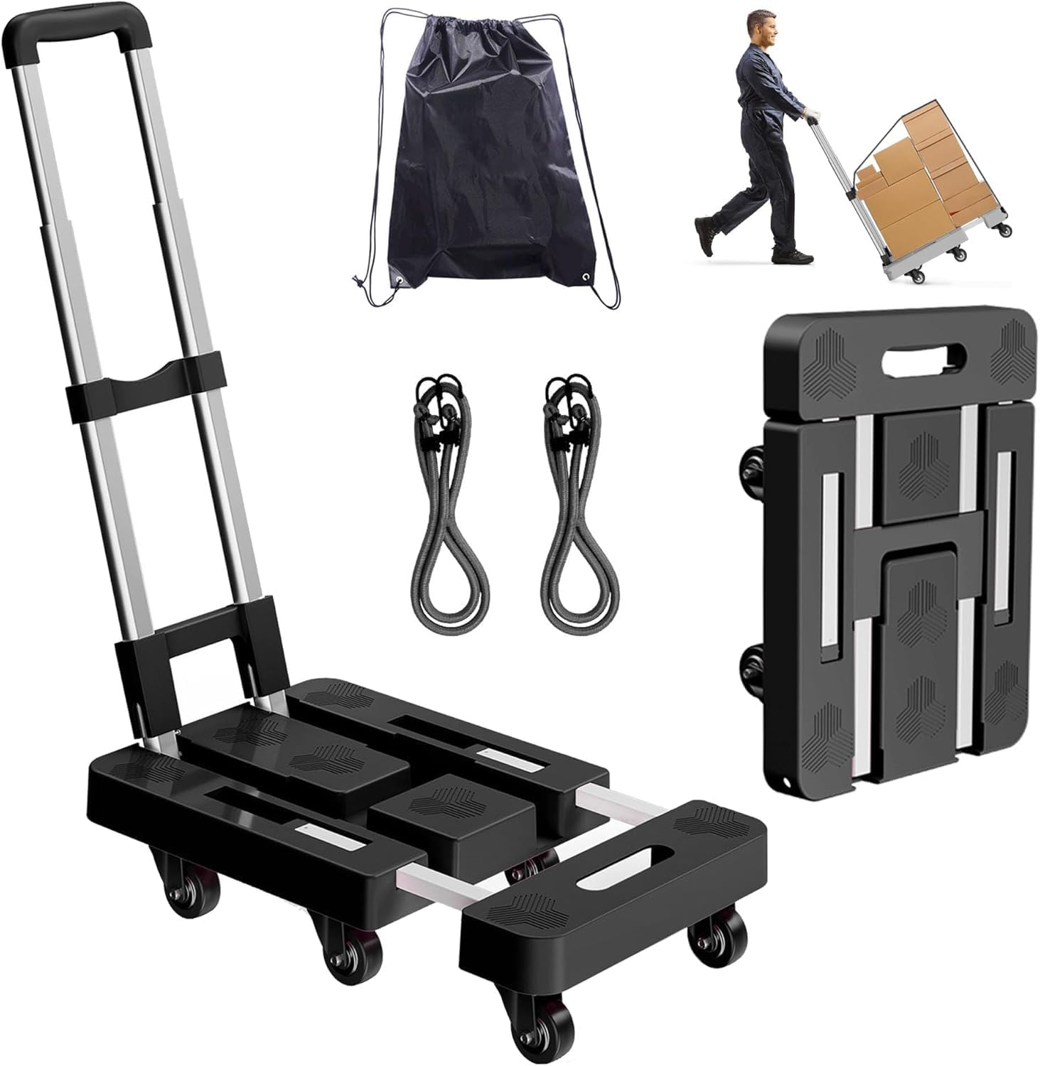 Folding Hand Truck, Foldable Cart for 500 Lbs Heavy Luggage, Hand Truck Dolly, 6-Wheel Foldable Dolly with 2 Ropes, Ideal for Home, Office, and Travel Moving (Black) image number 1