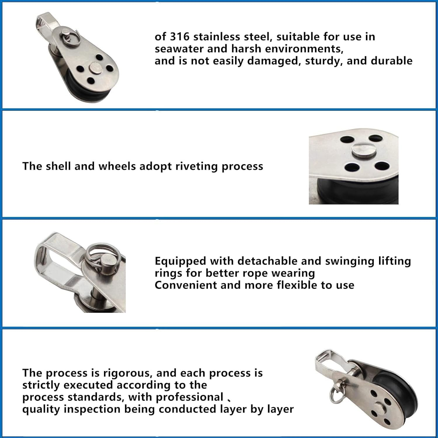 4Pcs Stainless Steel Marine Pulley, Pulley Blocks Rope Runner Kayak Pulley Single Pulley Bearing Block Rope Runner Universal Kayak Boat Parts Accessories for Most 0.08"/2Mm to 0.32"/8Mm Diameter Rope image number 4