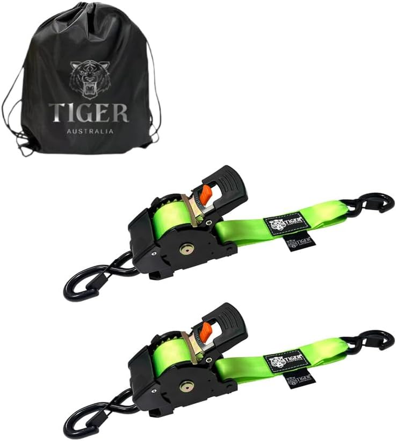 Tiger Australia Heavy Duty 50Mm X 4.5M Auto Retractable Ratchet Tie down Straps 2-Pack, 1600KG Heavy Duty, Upgraded to Stainless Steel Spring, S-Hooks & Storage Bag, for Trailers, Utes, Boats & Moving