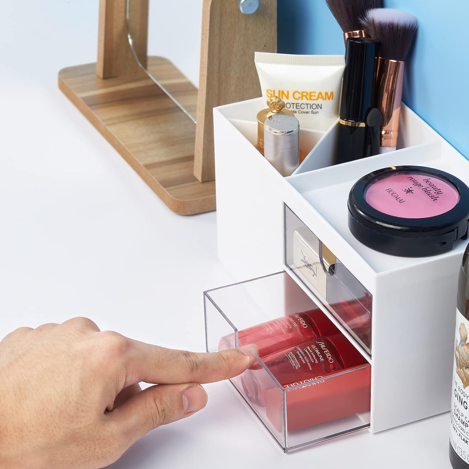 LETURE Office Desk Organizer with Drawer, Office Supplies and Desk Accessories, Business Card/Pen/Pencil/Mobile Phone/Stationery Holder Storage Box (White) image number 4