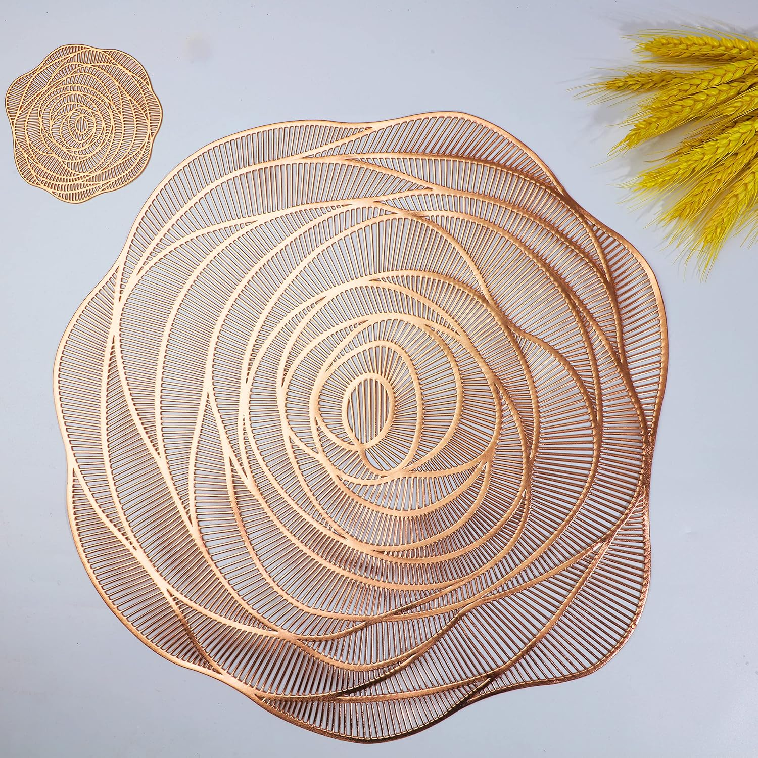 Snowkingdom Rose Gold Placemats and Coasters Set of 6 Pressed Metallic Vinyl round Place Mats Dining Table Mats Dinning Table Centerpiece image number 3