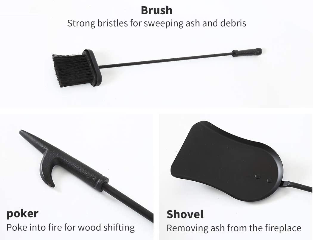 Traderight Fireplace Tool Set with Stand, 4PCS Cast Iron Firepit Tools Accessories Fire Place Poker Brush Shovel Stand