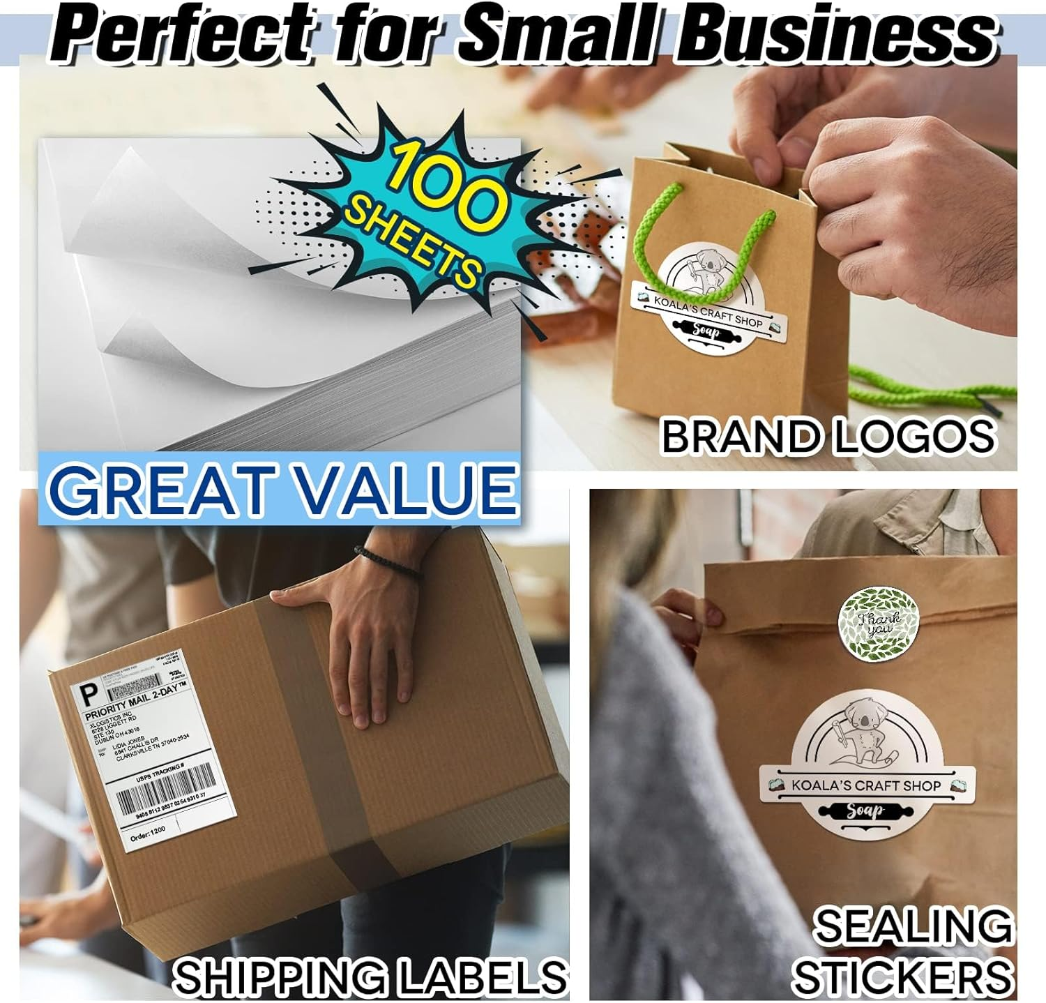 Koala 100 Sheets Sticker Paper Matte White, A4 Size Printable Full Sheet Label Paper for Inkjet Printers image number 1