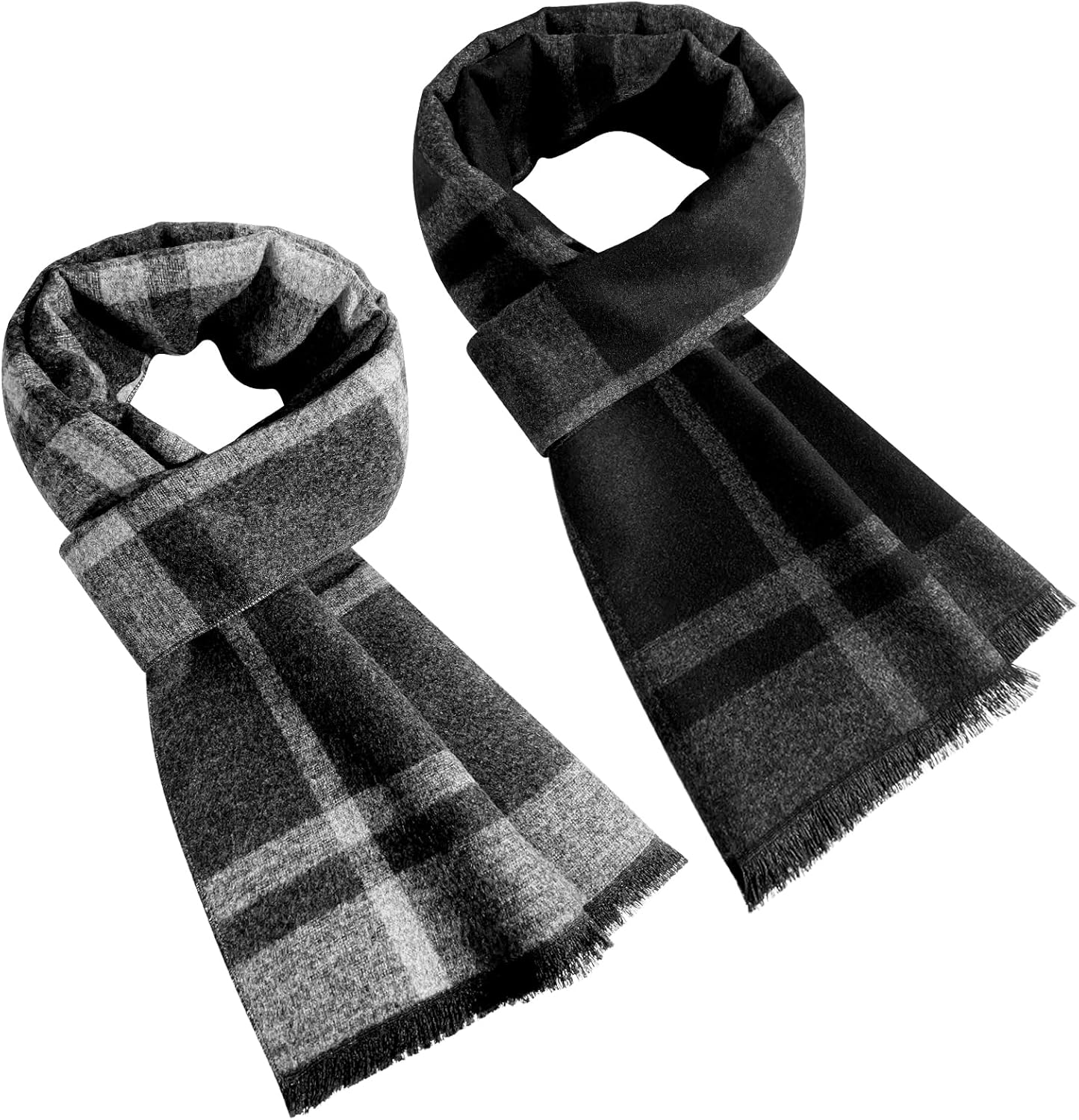 2 Packs Cashmere Feel Winter Scarf for Men, Soft Warm Black Grey Plaid Stripe Mens Scarf Set Selection Husband Father Gift