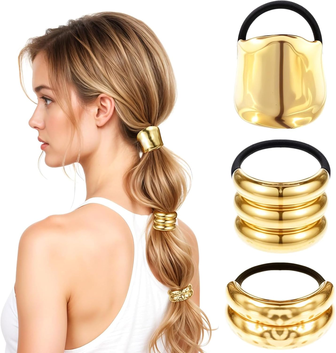 JOOTUEPO 3 PCS Metal Hair Ties for Thick Hair Ponytail Hair Cuff Gold Hair Ties Hair Cuff Wrap Hair Elastic Hairs Ties for Women Long Hairs Ponytail Holder Gold Hair Accessories image number 6