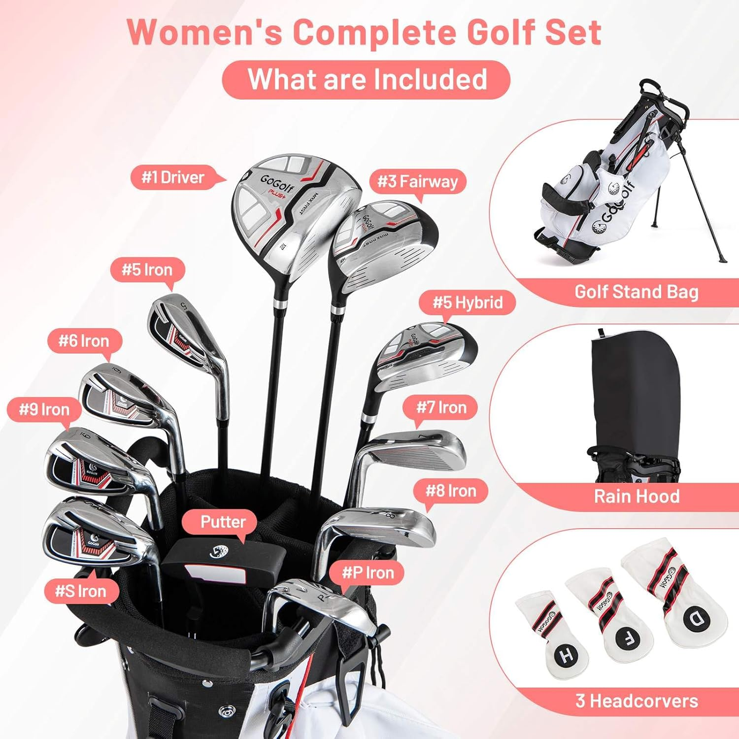 Costway Women'S Golf Set, 15-Club Package for Women with 460Cc #1 Driver, #3 Fairway Wood, Hybrid, Irons (#5#6#7#8#9#P #S) and Putter, Complete Set for Beginners with Stand Bag - Red image number 6