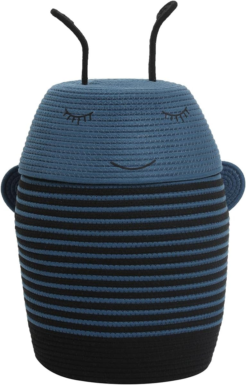 Cottonphant Handcrafted Animal Inspired Basket with Lid | Cotton Storage Solution for Organization in Bedroom | Perfect Organizer for a Shower or Retreat (Dark Blue Bee, 12"X18")