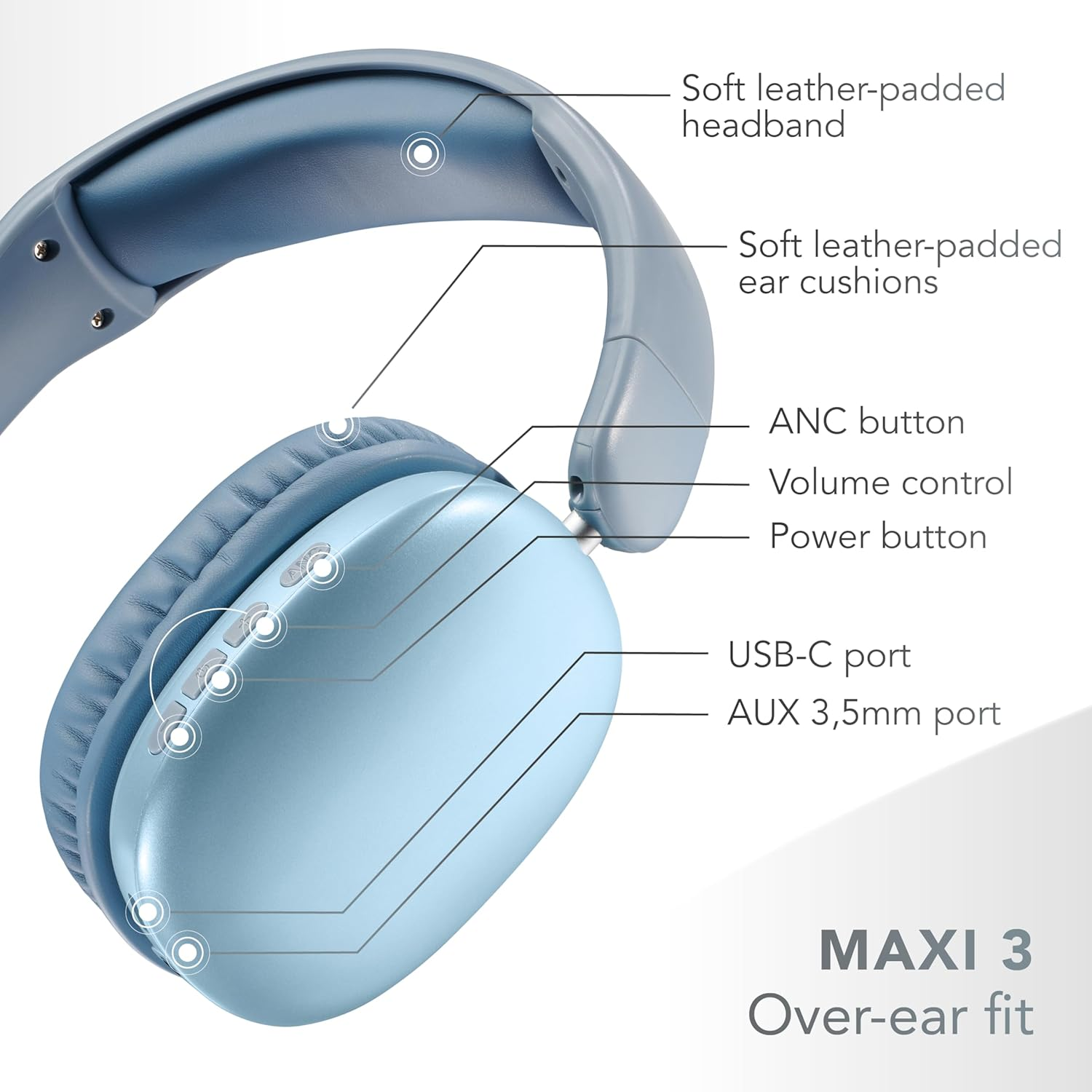 Music Sound MAXI3 Wireless Over-Ear Headphones, Active Noise Cancellation, Immersive and Crystal Clear Audio, up to 35 Hours of Playtime Non Stop, Compatible with All Devices, USB-C Charging, Blue image number 3