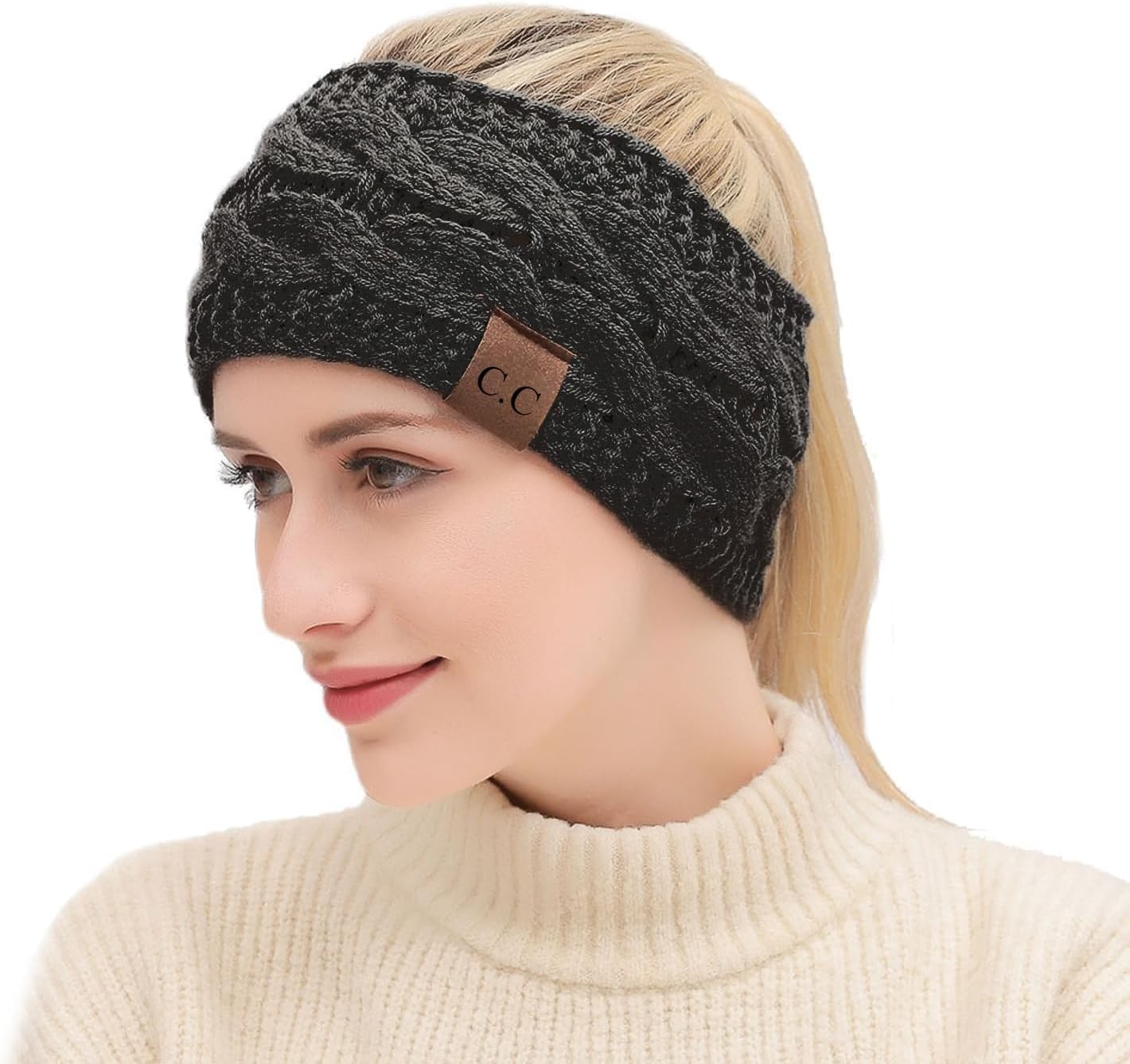 Fengea Winter Headbands for Women Wool 2 Pack, Ear Warmers for Women Headband Knit Thick Fleece Lined, Cold Weather Warm Ear Muffs, Black+Beige image number 3