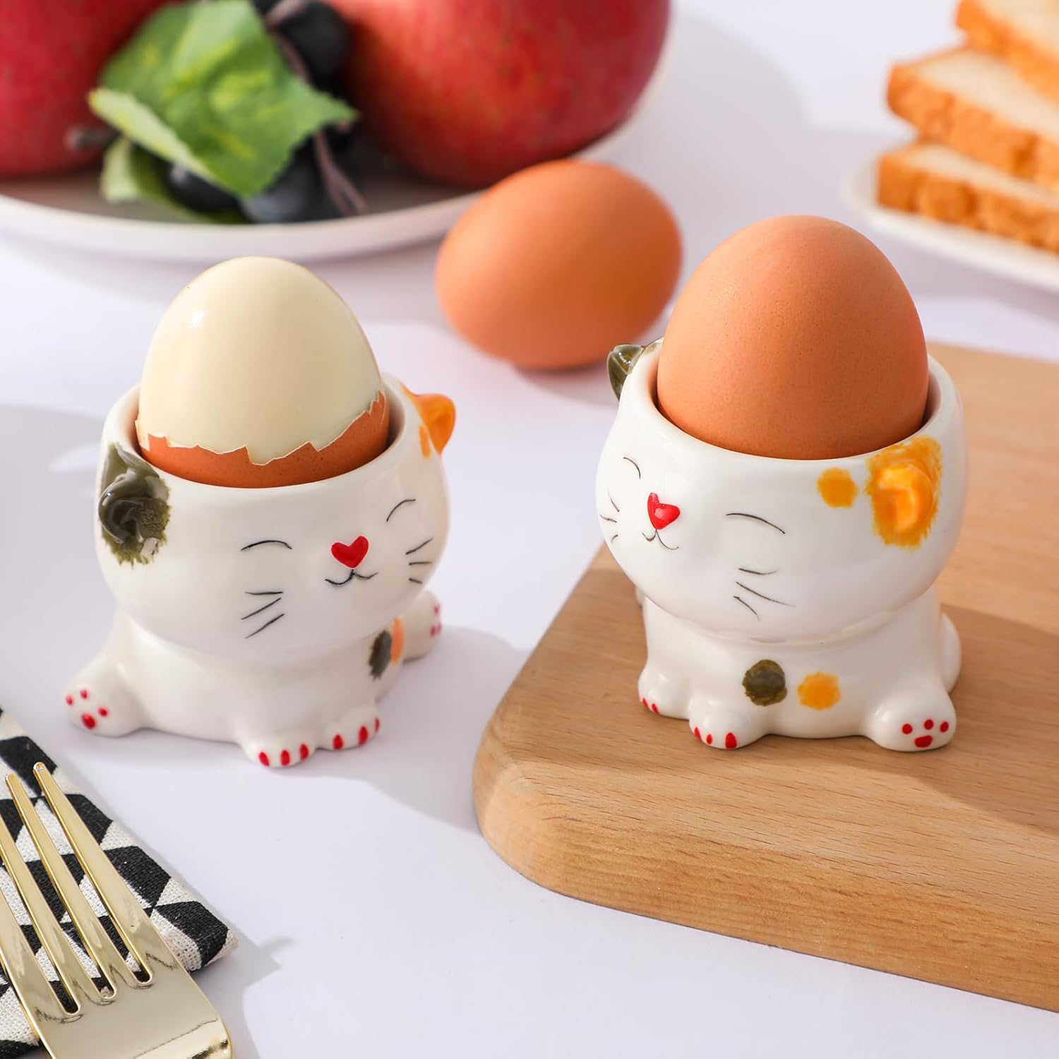 WW STYLE Egg Cups Set of 2, High-Quality Ceramic, Cute Cat Design, Porcelain, Egg Holder, Tableware Decoration, Gift, Christmas, Birthday, Family, Friends, Children image number 2