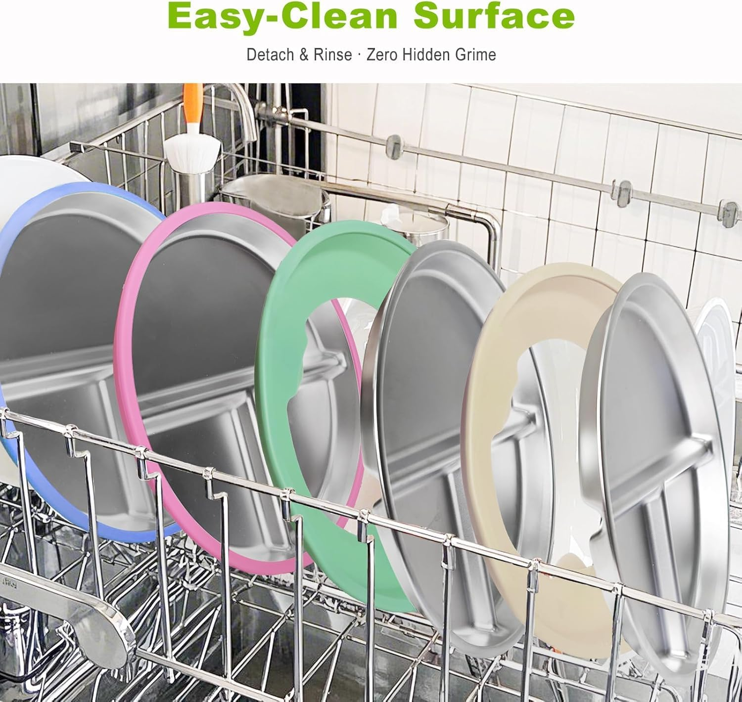 2-Pack Stainless Steel Baby Plates with Suction, 9"/ 23 Cm Divided Bpa-Free Kids Plates, Non-Slip Toddler Plates, (Blue+Pink) - Green+Purchase image number 6