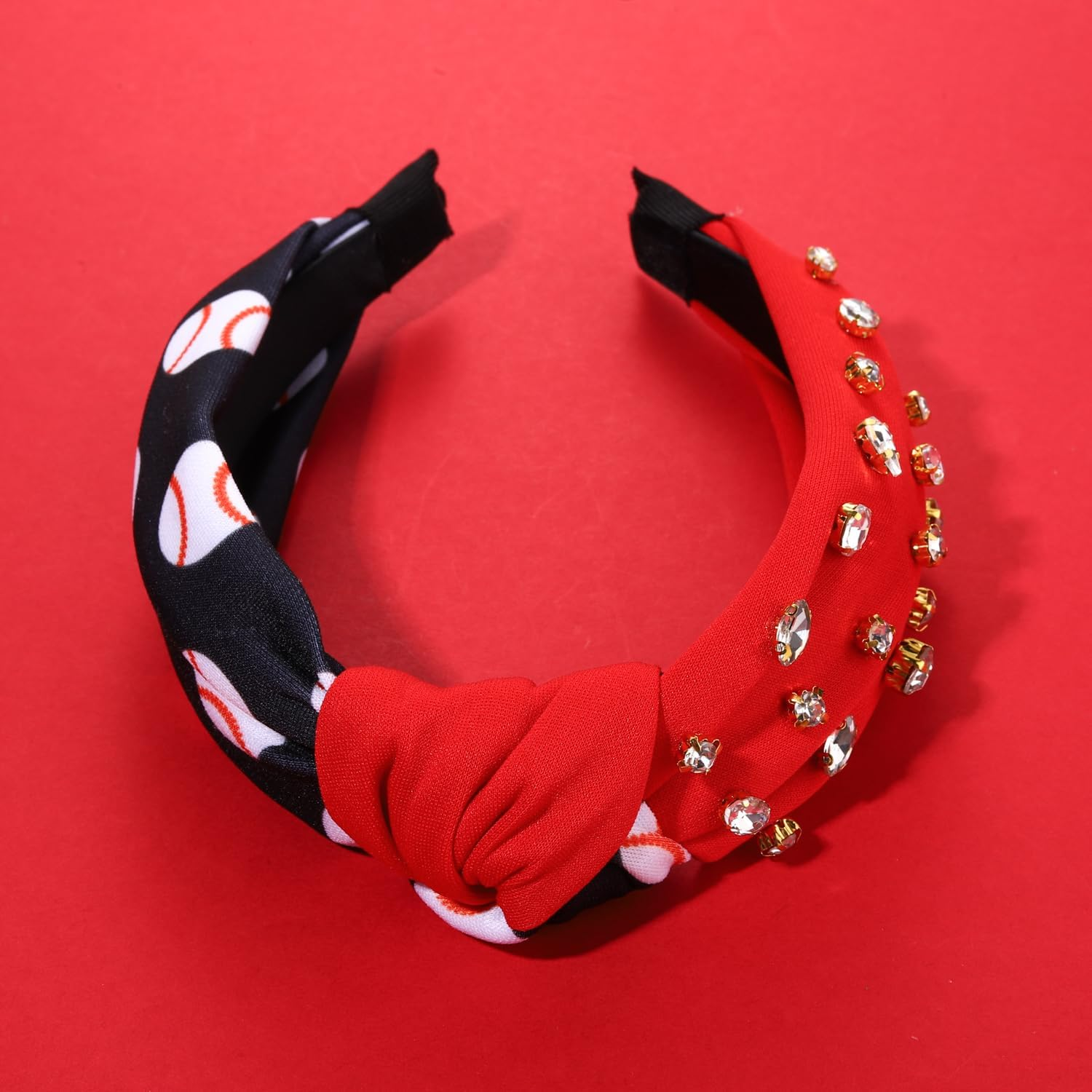 CEALXHENY Rhinestone Knotted Headbands for Women, Top Knot Baseball Headband, Embellished Jeweled Game Day Headband Sports Team Headbands Game Day Hair Accessory (Baseball-Back/Red) - Baseball-Back/Red image number 3