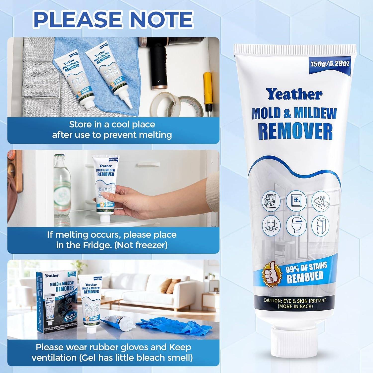 Yeather 300G (2X150G) Mould Remover Gel - Home Mold & Mildew Stain Remover Gel for Washing Machine Seals, Refrigerator Strips, Tile Gaps, Kitchen, Showers, Household & Cleaning image number 1