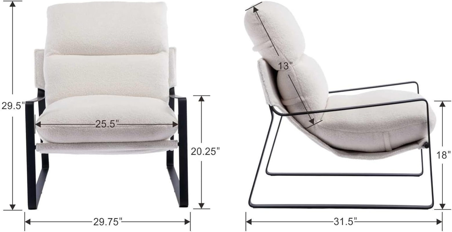 Mid-Century Sling Accent Chair: Comfy PU Leather Side Chair with Armrest - Upholstered Leisure Chair with Black Metal Frame - Living Room Bedroom Reception Room - White