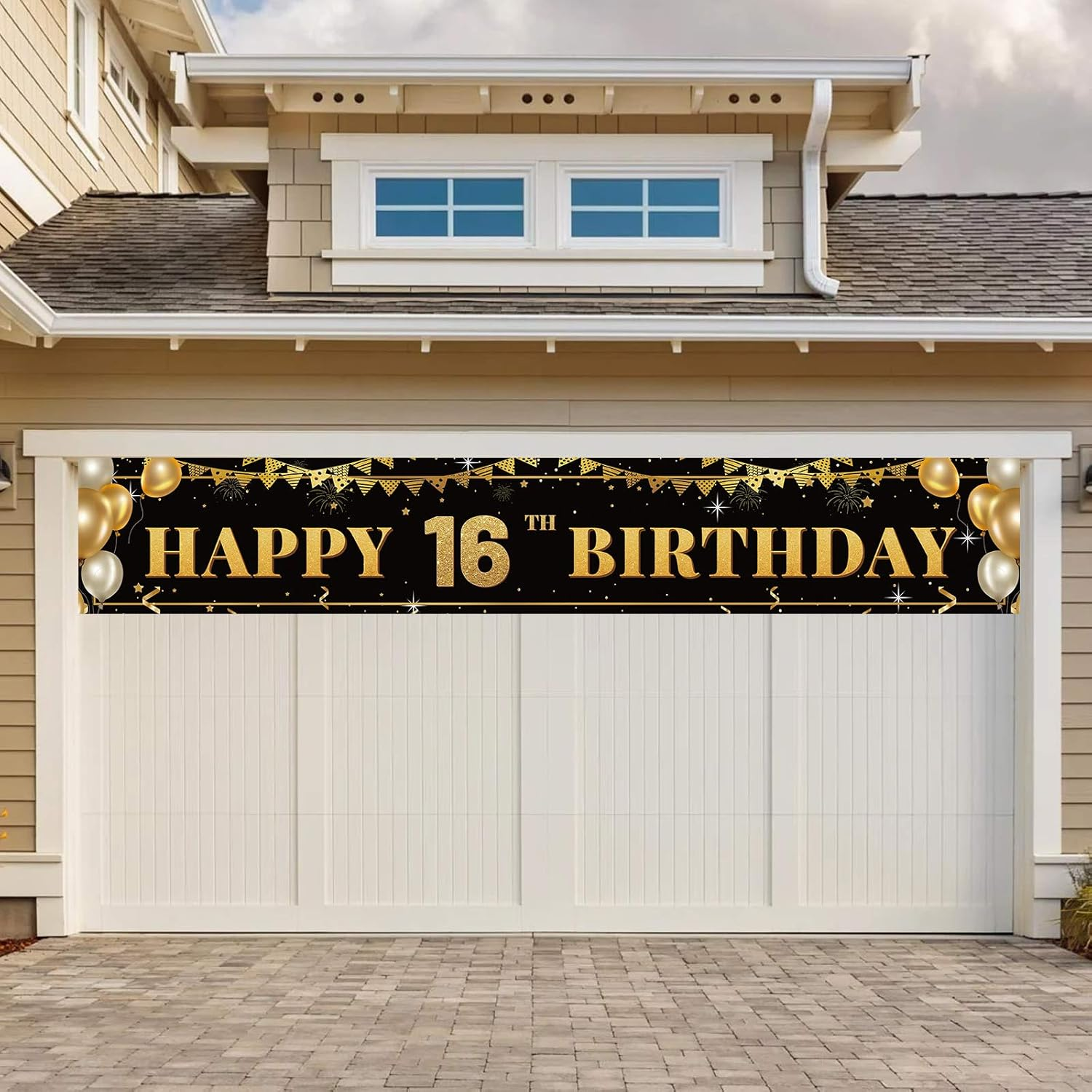 Large Happy 16Th Birthday Decoration Banner, Black and Gold Happy 16Th Birthday Banner Sign, 16Th Birthday Party Decorations Supplies(9.8X1.6Ft) image number 1