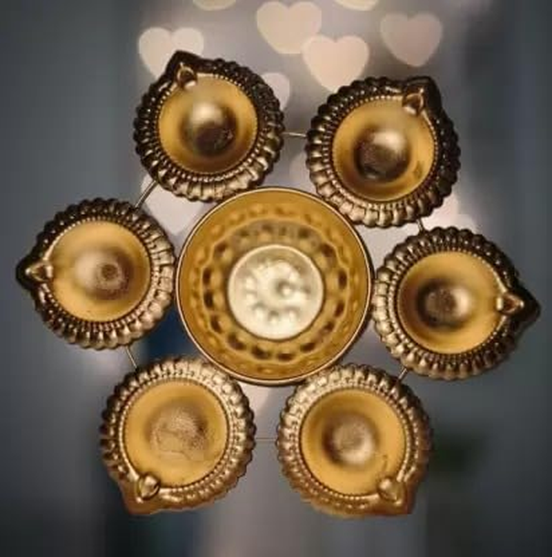 R Ayurveda Copper Diya Shape Iron Flower Decorative Urli for Home | Handcrafted | Golden | Decorative Metal Diya Traditional Golden Bowl Table Decor Gift (Diya URLI Bowl 7 INCHES 6 Diya) image number 1