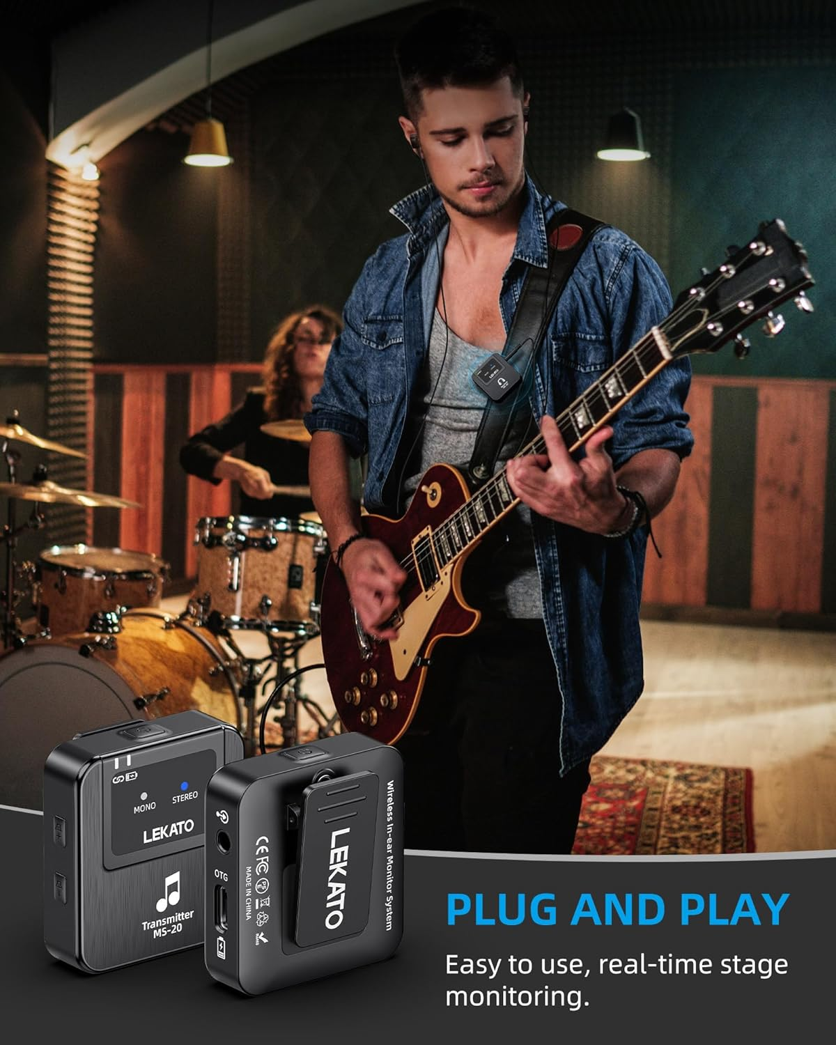 LEKATO Wireless In-Ear Monitor MS-20, 2.4G IEM System Low Latency, with Beltpack Transmitter Auto-Pairing Receiver, OTG Support, One to More, In-Ear Monitoring for Live Performance Singer Band Starter image number 4