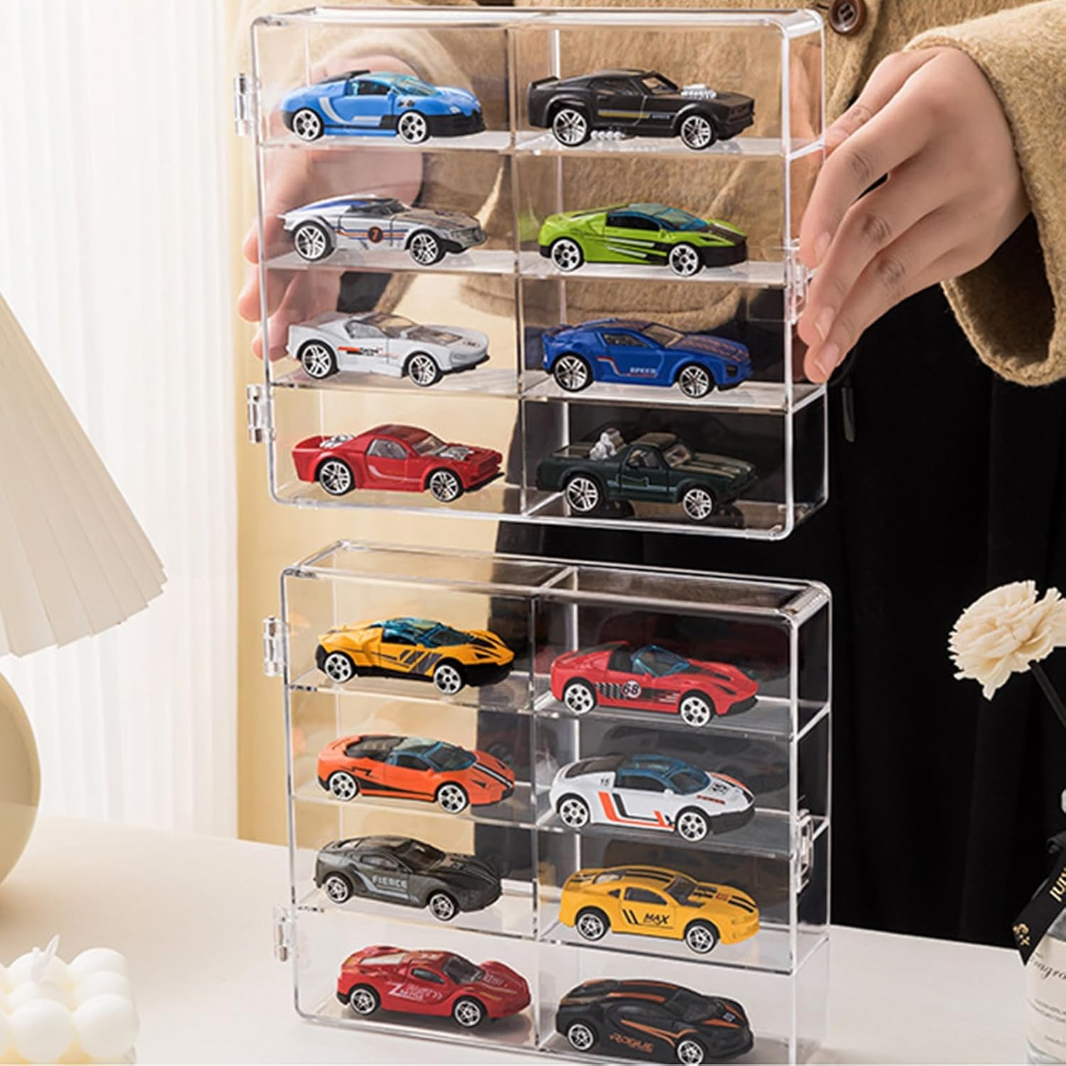 Jarlathy 1/64 Scale Matchbox Wheels Toy Car Display Case Holds 32 Toy Cars Storage Organizer, Clear Display Box with Clear Snap-On Dust Cover 6.5 X 7.5 X 1.6 Inches 4 Pack image number 1