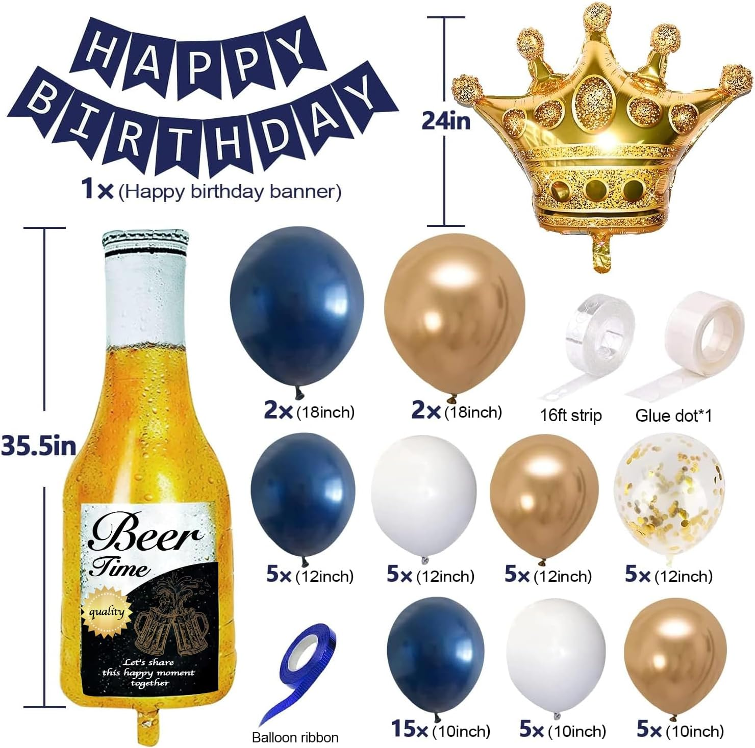 Navy Blue Gold Birthday Party Decorations for Men Women Boys Girls with HAPPY BIRTHDAY Banner, Crown Balloons,Corona Foil Balloons ,Balloon Garland Kit image number 4