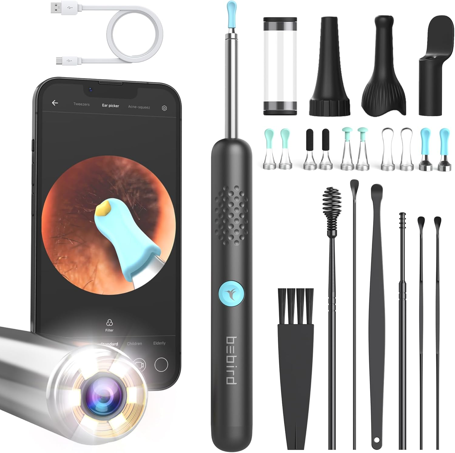 BEBIRD Ear Wax Removal Tool - R1 Upgraded Ear Cleaner with 1080P Camera, Smart Visual Earwax Remove Kits with 7 Pcs Ear Set for Daily Ear Pick, 6 LED Lights, 5 Types of Ear Scoop Ear Tips Replacement image number 4