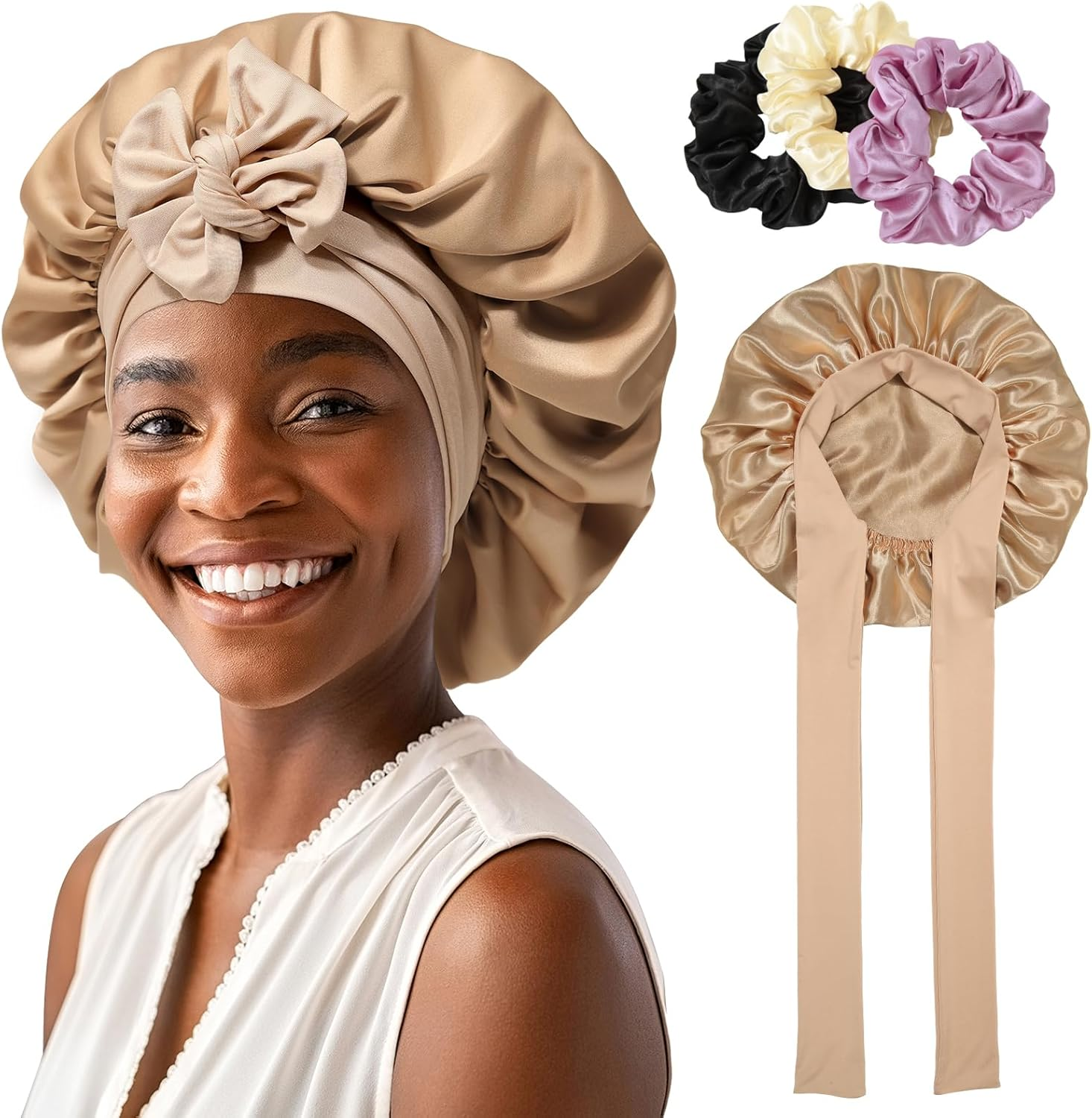 Satin Bonnet for Women Hair Bonnet for Sleeping Large Double Layer Silk Sleep Cap with Wide Elastic Band Hair Cap Sleeping