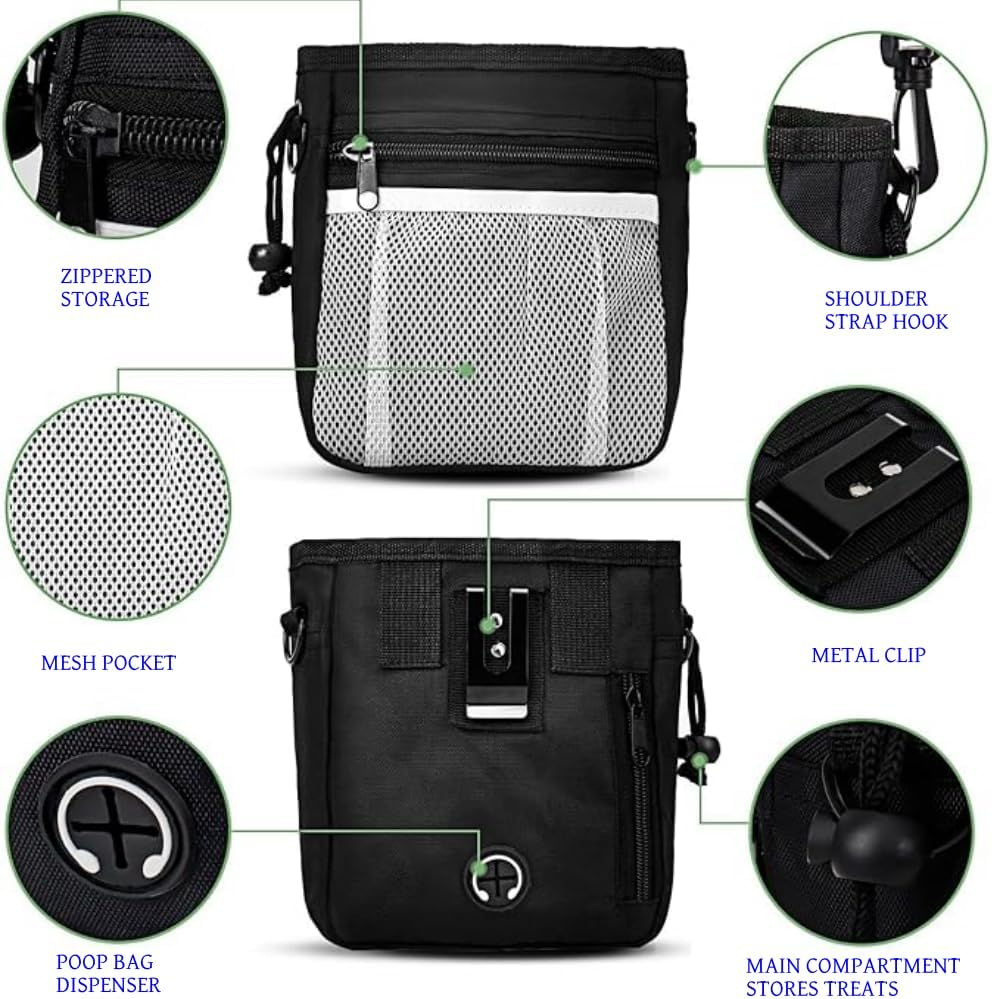 1PCS Dog Treat Pouch, Pet Training Clicker 2 Pcs, Pet Treat Pouch, Built-In Poop Bag Dispenser (Black)