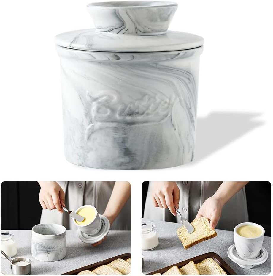 French Butter Crock for Counter with Water Line French Butter Dish for Counter (Stone Grain) image number 5