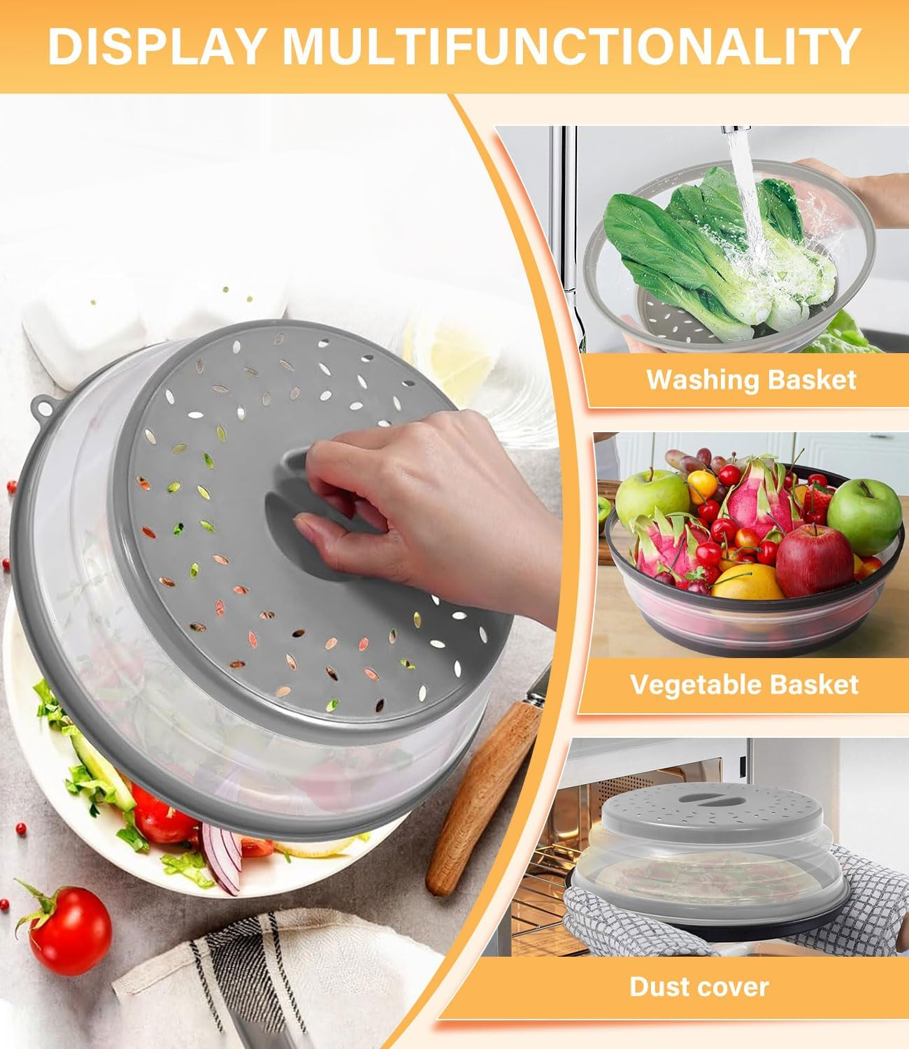 Microwave Cover Collapsible - 3 Pack Silicone Food Plate Lid Covers 21.5/27/31 Cm, BPA Free Vented Splatter Guard Lid with Grip Handle, Kitchen Gadget with Steam Vent & Colander for Meal Prep image number 3