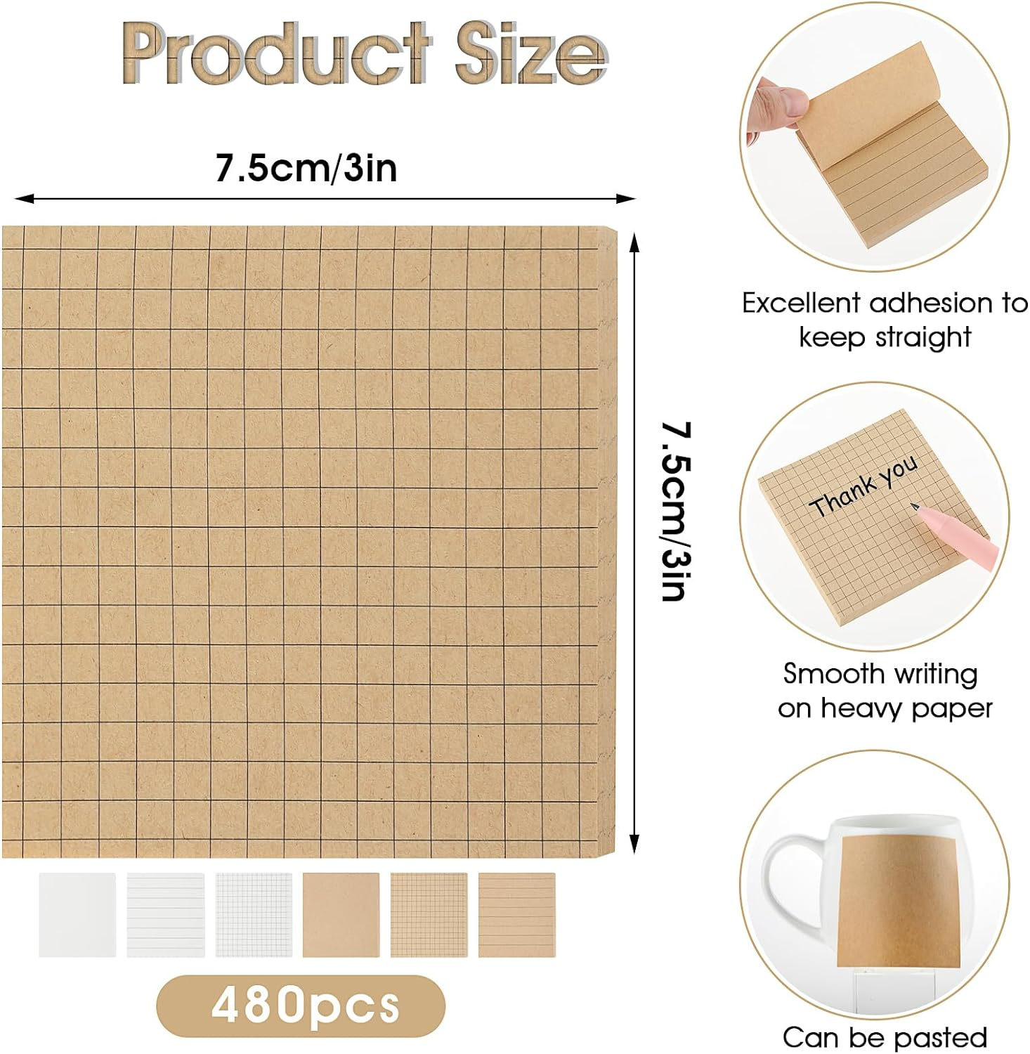 Bewudy Creative Sticky Notes, 6 Pack Self-Adhesive Kraft Paper Sticky Notes for Office and Students, Memo Pads for Reminders, Office, Home, School, Meeting (480 Sheets) image number 2