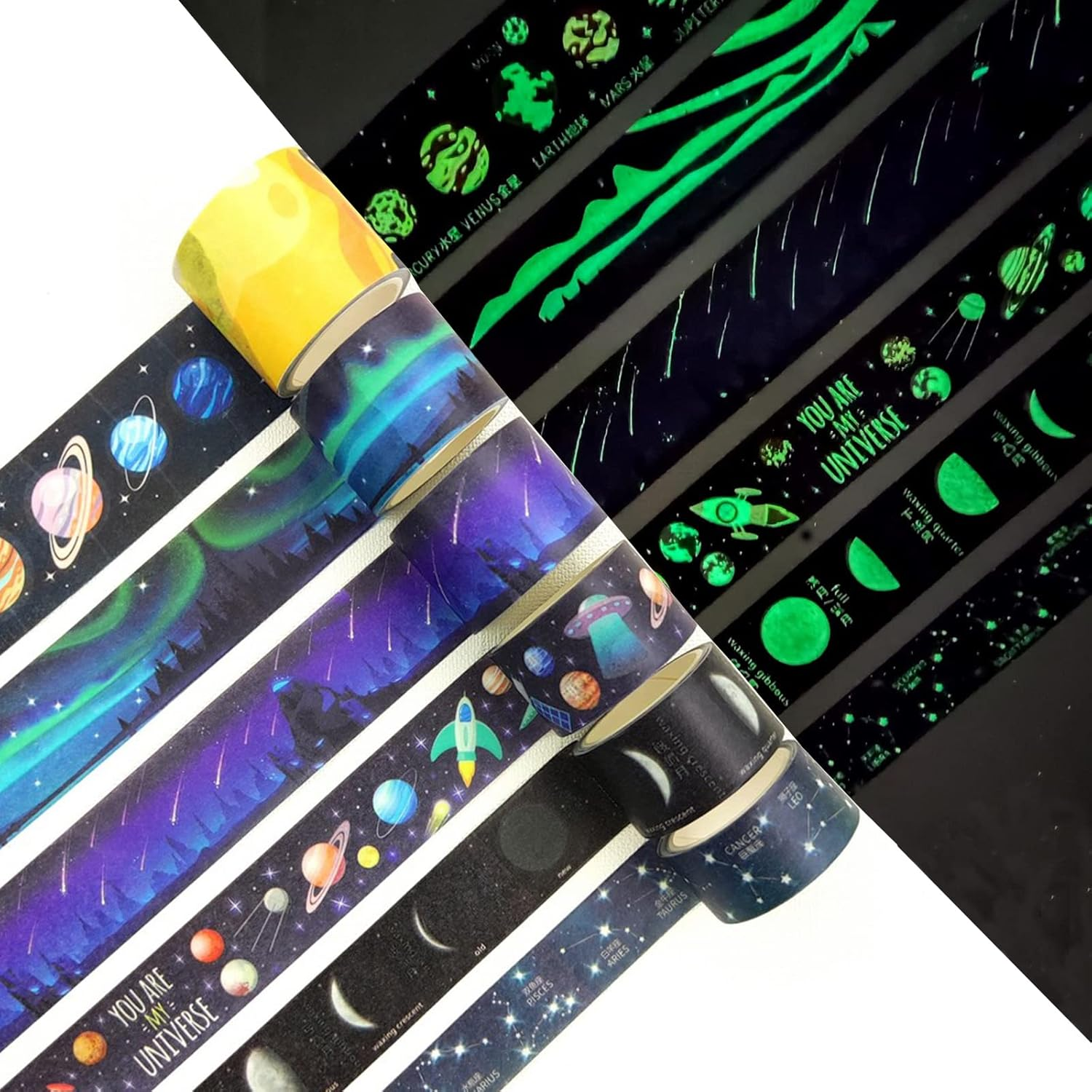 YUBBAEX Luminous Masking Tape, 6 Pcs Galaxy Fluorescent Tape Space Cute Design DIY Craft Journal Planner Scrapbooking Wrapping Present Decoration (Night Light Starry Sky)