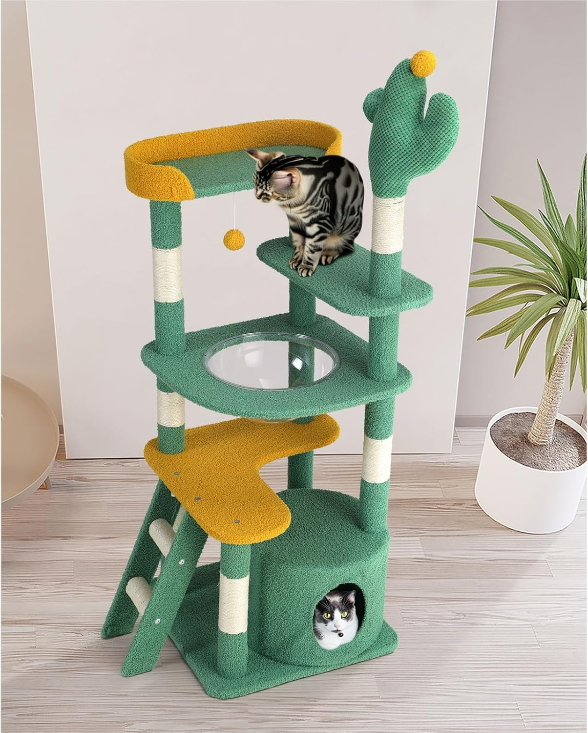 Alopet 144Cm Cat Tree with Ladder and Scratching Post, Cat Tower Condo Green image number 3