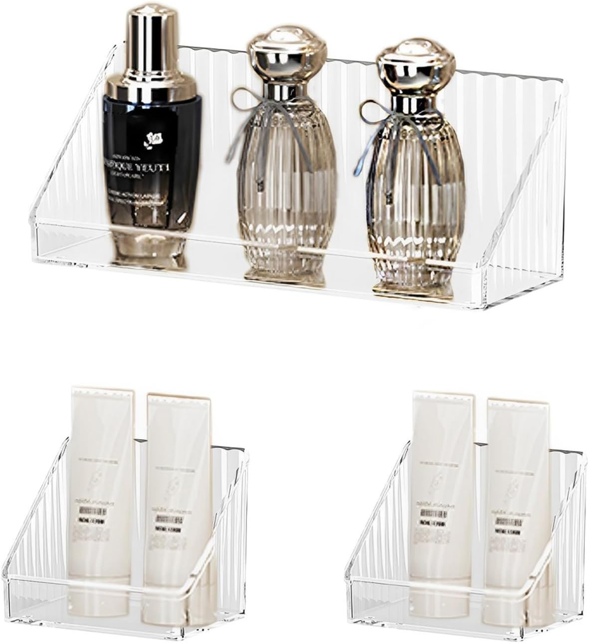 MORNITE 3 Pcs Medicine Cabinet Tray Organizer, Small Adhesive Bathroom Vanity Floating Shelves Storage for Toilet, Mirror Cabinet, Wall, Countertop, Clear image number 3