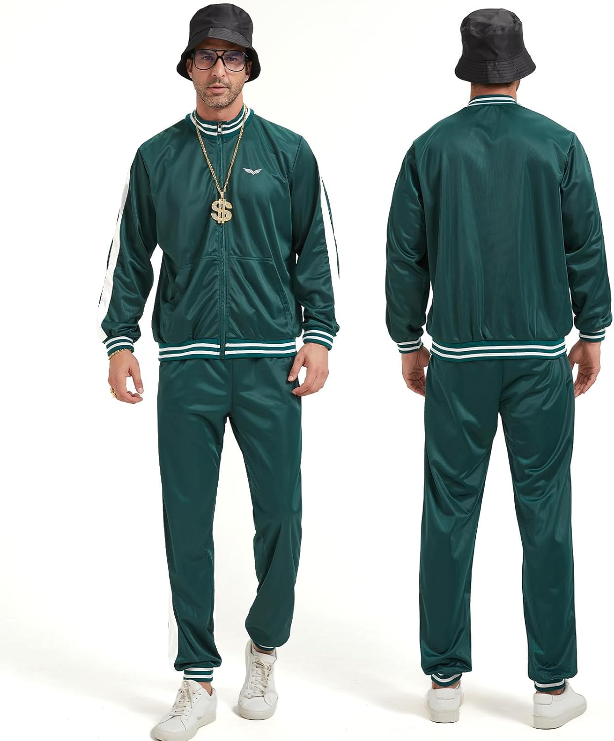 Slowton Mens 80S 90S Costume - Retro Tracksuit Set Lightweight Green Long Sleeve Jacket Pant Set, Disco Outfit Sportswear Hip Hop Tracksuit Urbanwear Streetwear for Rock Festivals Carnival Party image number 3