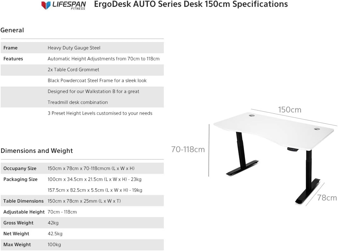 Lifespan Fitness Ergodesk Automatic Standing Desk, 150 Cm Length, White/Black