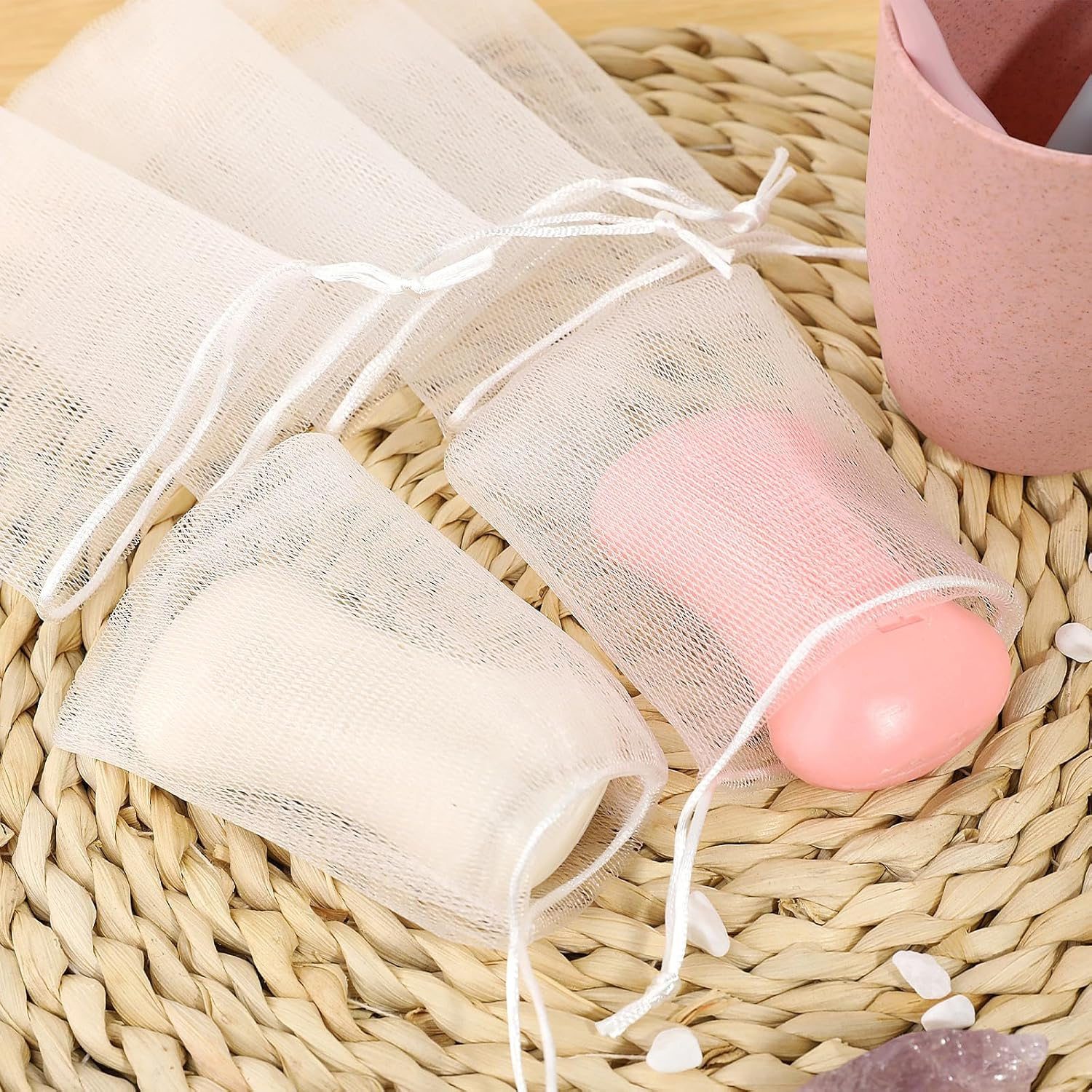 Mozeat Lens 8 PCS Exfoliating Mesh Soap Saver Pouch Bag Mesh Soaps Bag Handmade Soaps Bubble Mes H Net Bags with Drawstring Foaming Net Sack Bags for Bath & Shower image number 1