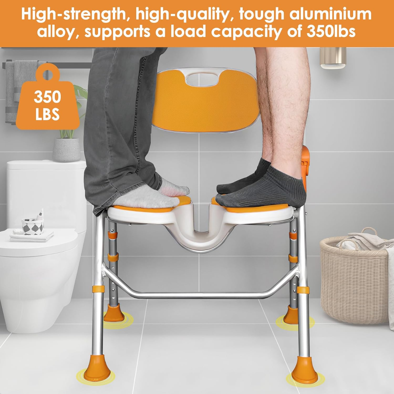Folding Shower Chair with Arms and Back 350 LB, Folding Shower Chair 5-Level Adjustable, Non-Slip Feet Shower Seat Cutout for Private Washing,For Elderly,Disabled, Seniors & Pregnant image number 4