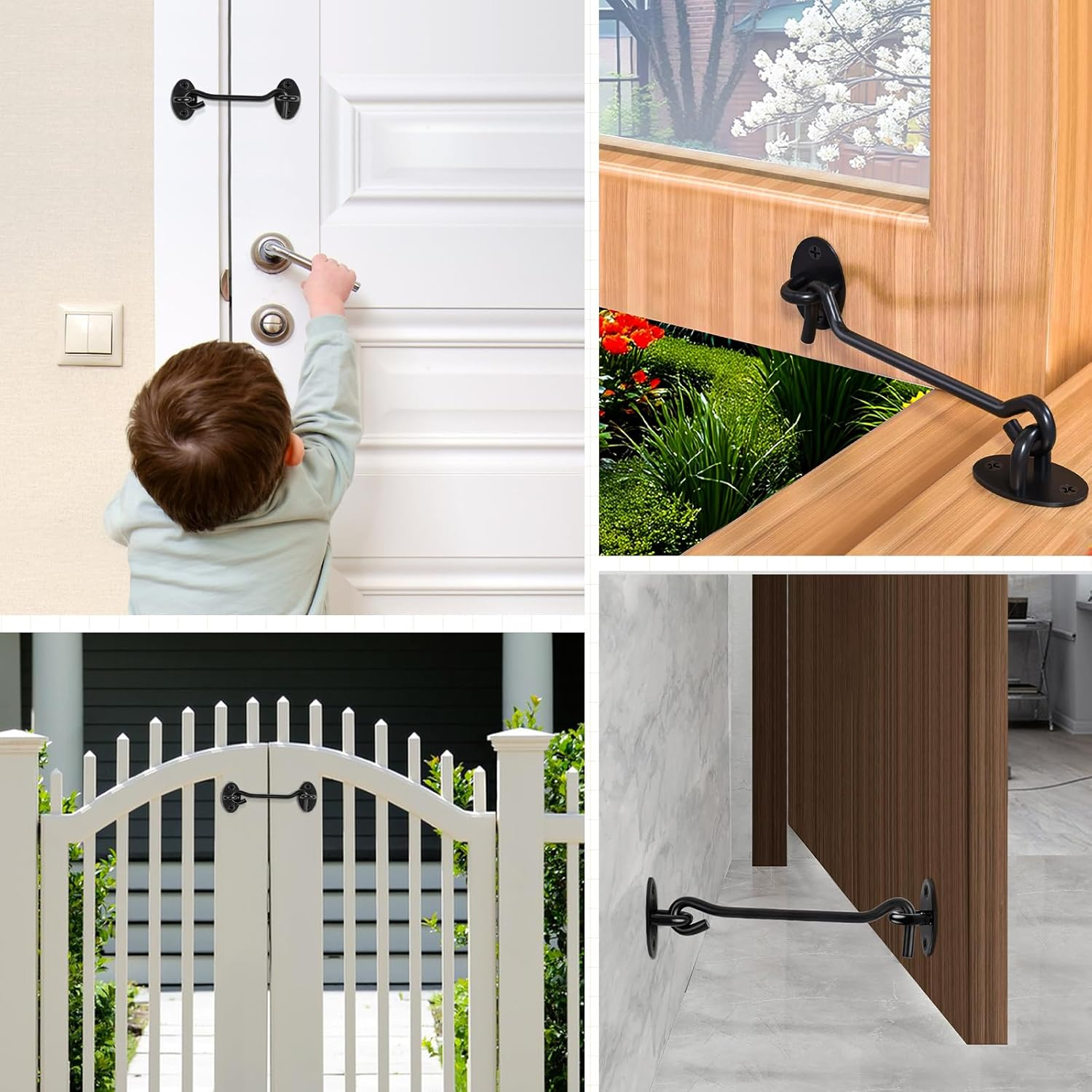 2 Pack Hook and Eye Latch, 4 Inch Black Cabin Hooks Stainless Steel Eye Gate Latch Easy Lock, Sliding Door Hooks Barn Door Catch Hardware with Screws for Outdoor Garden Shed Patio Window Wooden Gates