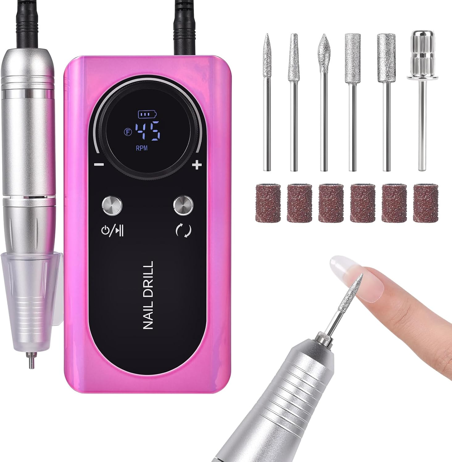 Siyuwuro Portable Nail Drill 45000 RPM Professional Cordless Rechargeable Electric Nail File for Removing Polishing Acrylic Gel Nails with 6 Drill Bits & Sanding Bands, Nail Salon Home Use (Pink)