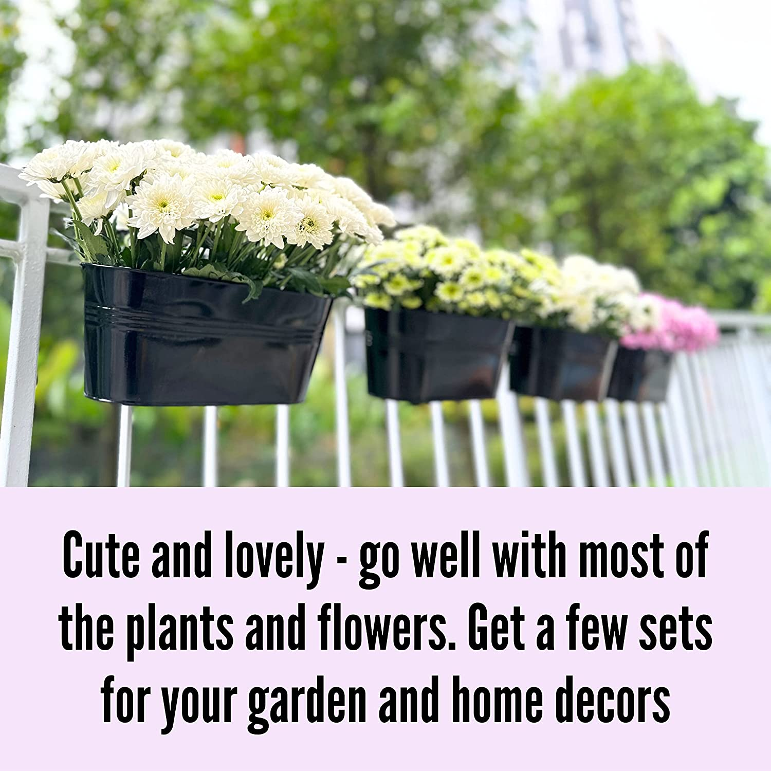 Lalagreen Railing Planter - 2 Pack, 11.2 Inch Black Metal Iron Hanging Flower Pots Deck Rail Fence Hanging Bucket Modern Countryside Style Window Box Plant Holder with Hooks for Outdoor Porch Decors image number 4