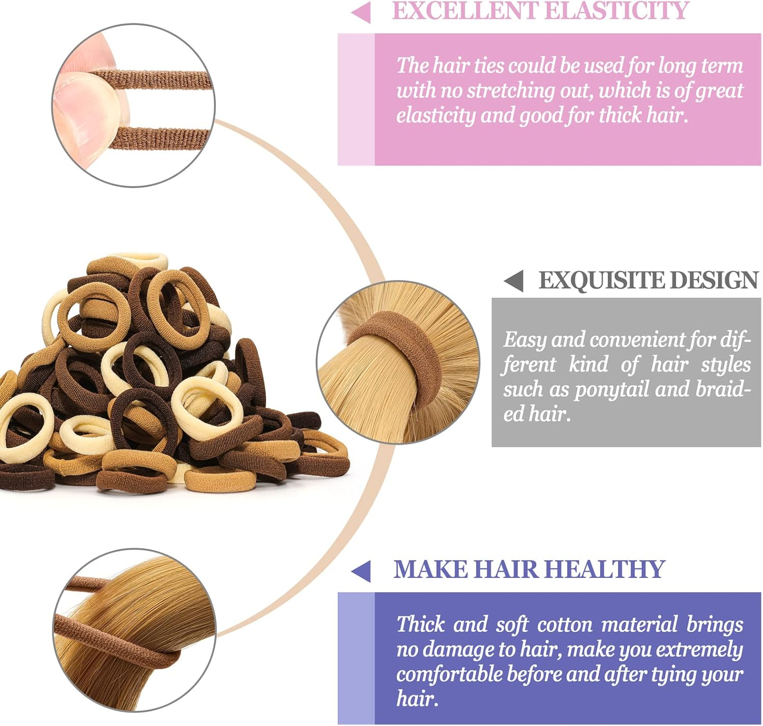 JIRIS Brown Cotton Hair Ties - 100PCS Seamless Thick Elastic Ponytail Holders, No Crease, No Damage for Women, Kids, and Babies image number 3