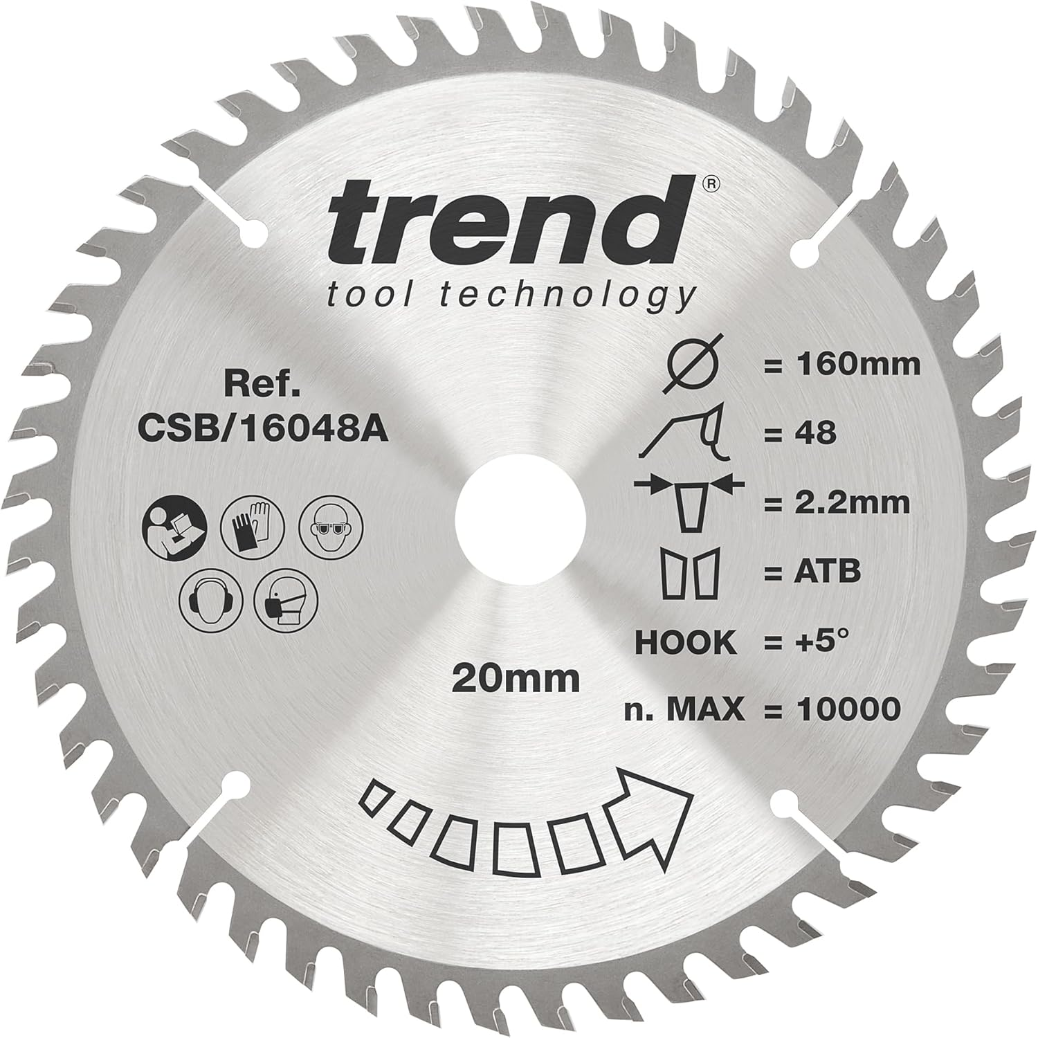 Trend Wood Circular Saw Blade, 160Mm Diameter, 20Mm Bore, 48 Teeth, 2.4Mm Kerf, +5&deg; Hook, TCT, Fine Finish, CSB/16048