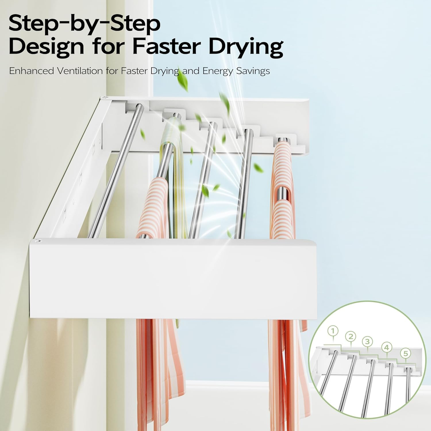 Laundry Drying Rack Collapsible, Wall Mounted, Clothes Drying Rack, 31.5" Wide, 13.1 Linear Ft, 5 Aluminum Rods, 45 Lb Capacity, with Wall Template, Screwdriver Bit(White)