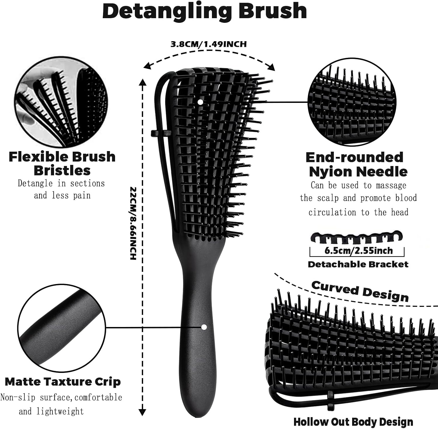 WOZUTUNT Curly Hair Brush Set for Women/Men/Kids, Detangler Brush, Wide Tooth Comb, 9 Row Nylon Bristle, Rosemary Hair Growth Oil - 4 Count (Db-Black-4Pcs) image number 2