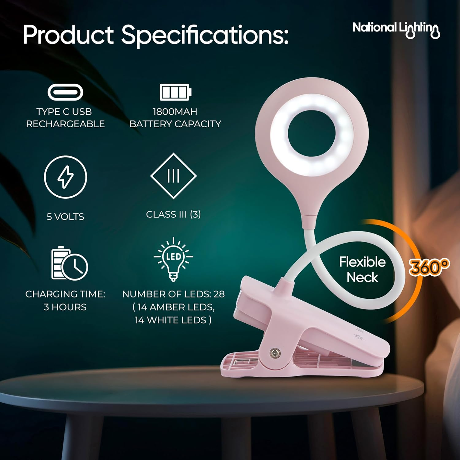 National Lighting Dimmable LED Clip on Light - 4.5W Touch Control LED Lamp with Flexible Neck & Strong Clamp - 5 Colours & Brightness Levels, USB Rechargeable Desk Light - Pink - Black image number 6