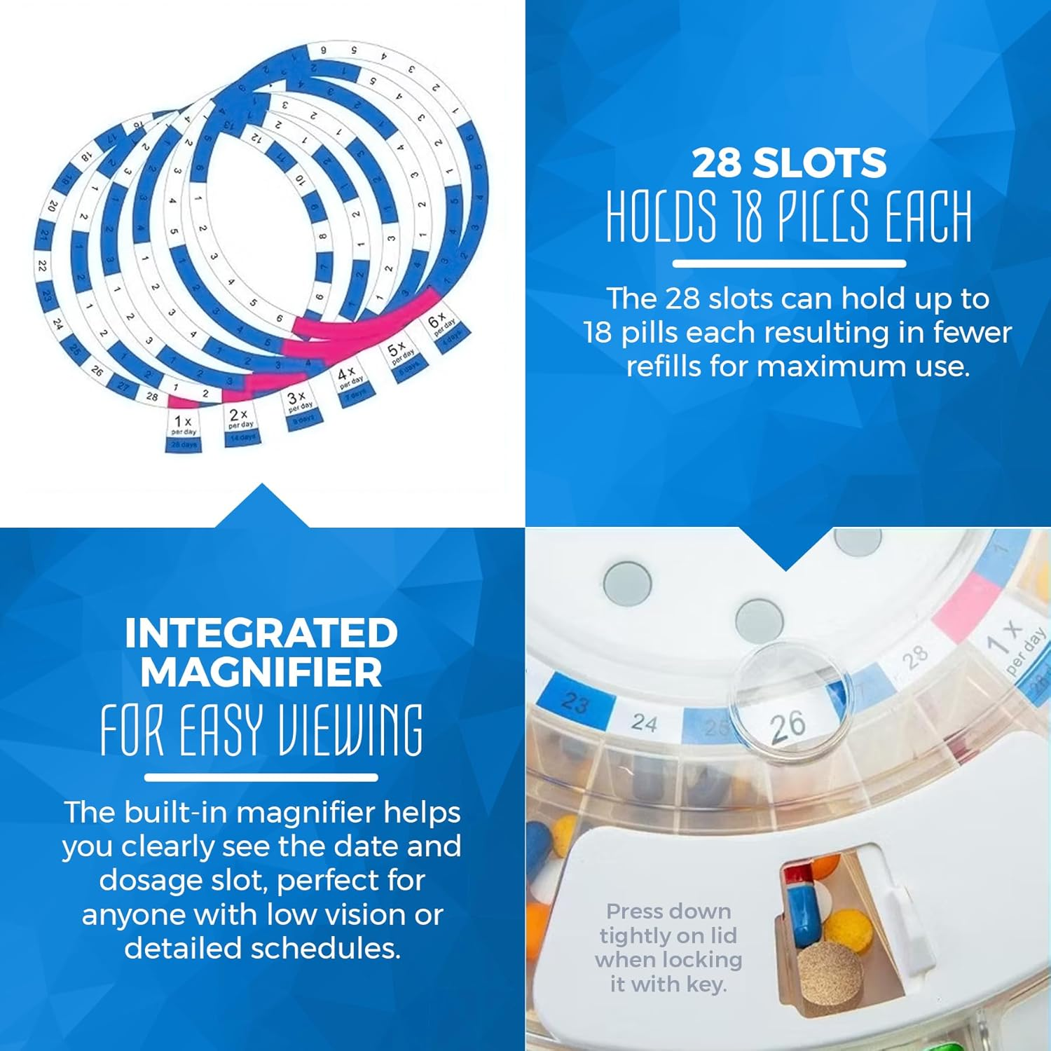 Automatic Pill Dispenser with 28-Day Electronic Medication Organizer - Lockable Key Pill Container with LCD Display, Light and Sound Reminder Alarm for Scheduled Medication for Seniors and Elderly image number 3