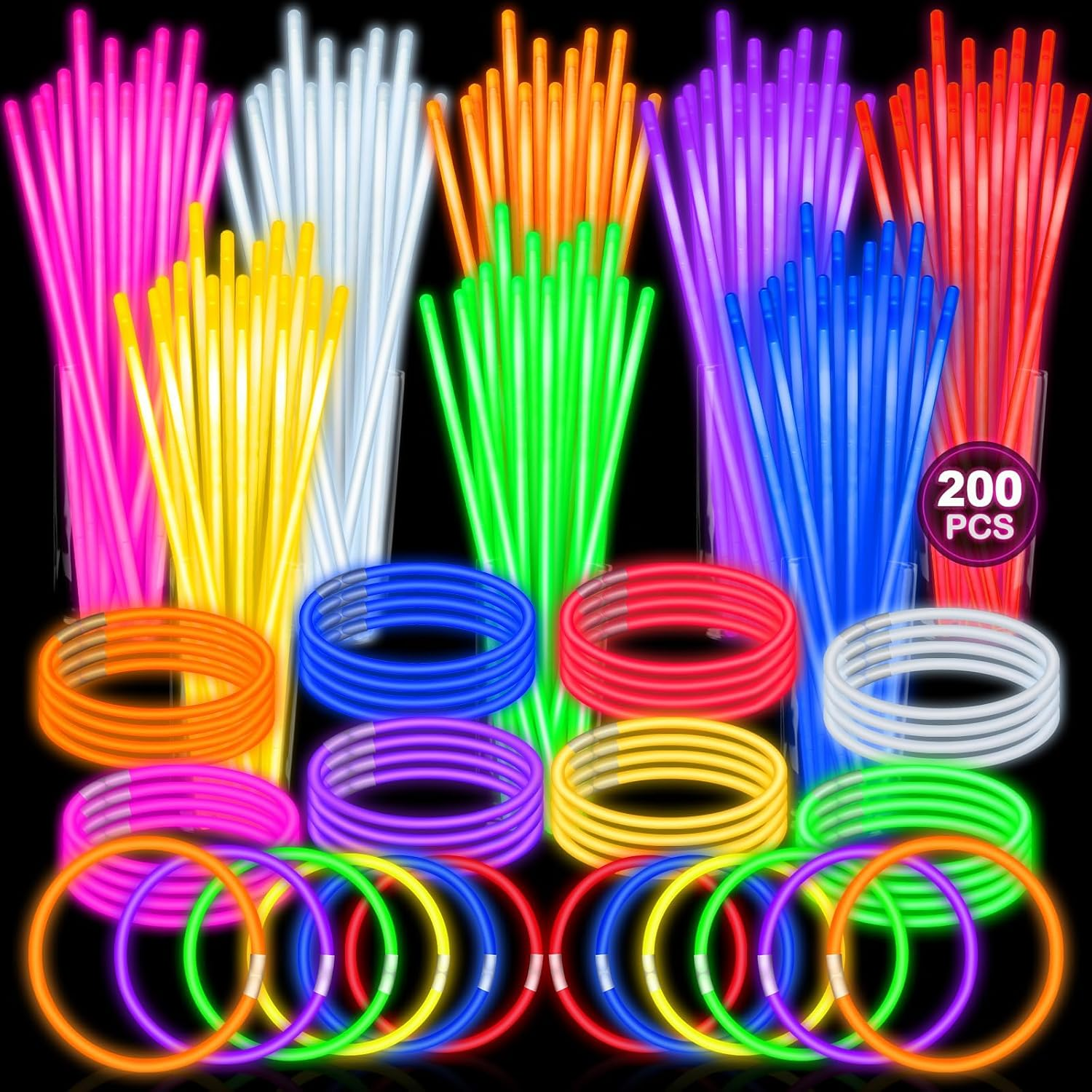 200 Ultra Bright Glow Sticks Bulk Party Pack - Glow in the Dark Party Supplies Pack - 8" Glowsticks Party Favors with Bracelets and Necklaces image number 1