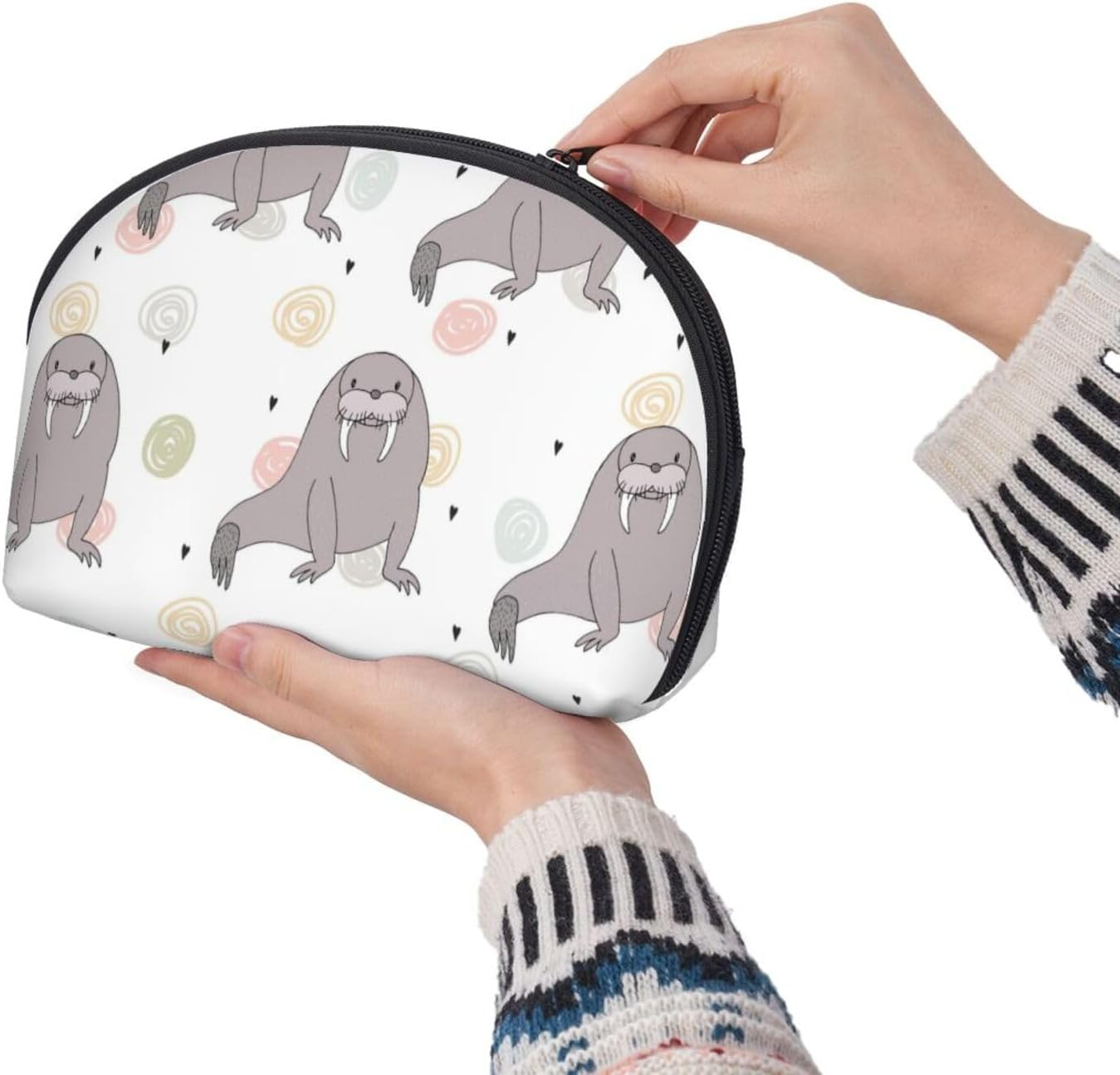 Cozimangoe Coin Pouch Makeup Bags Set, 2 Piece Shell Shape Cosmetic Bag with Pockets for Daily Travel Handbag Lipstick Keys Toiletry, Personalized Seal and Walrus Pattern image number 6