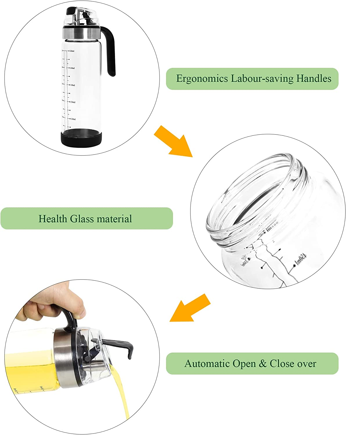 Oil Dispenser Bottle Set for Kitchen, Olive Oil Bottle Dispenser, Glass Oil Sauce Bottle Dispenser, Auto Flip, 550Ml image number 3